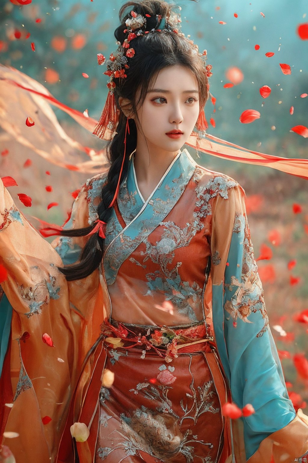 sdmai,chaziyanhong,, 1girl, solo, realistic, chinese clothes, hair ornament, black hair, long hair, upper body, petals, jewelry, braid, earrings, blurry, looking to the side, looking away, hair bun