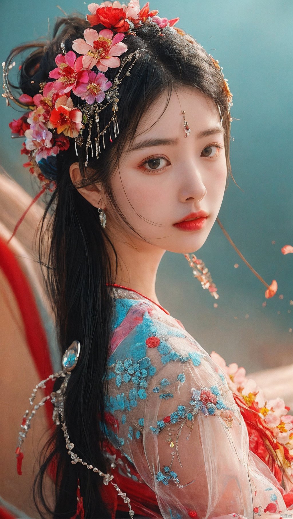  sdmai,chaziyanhong,, 1girl, hair ornament, solo, realistic, flower, jewelry, hair flower, earrings, looking at viewer, long hair, black hair, blurry, lips