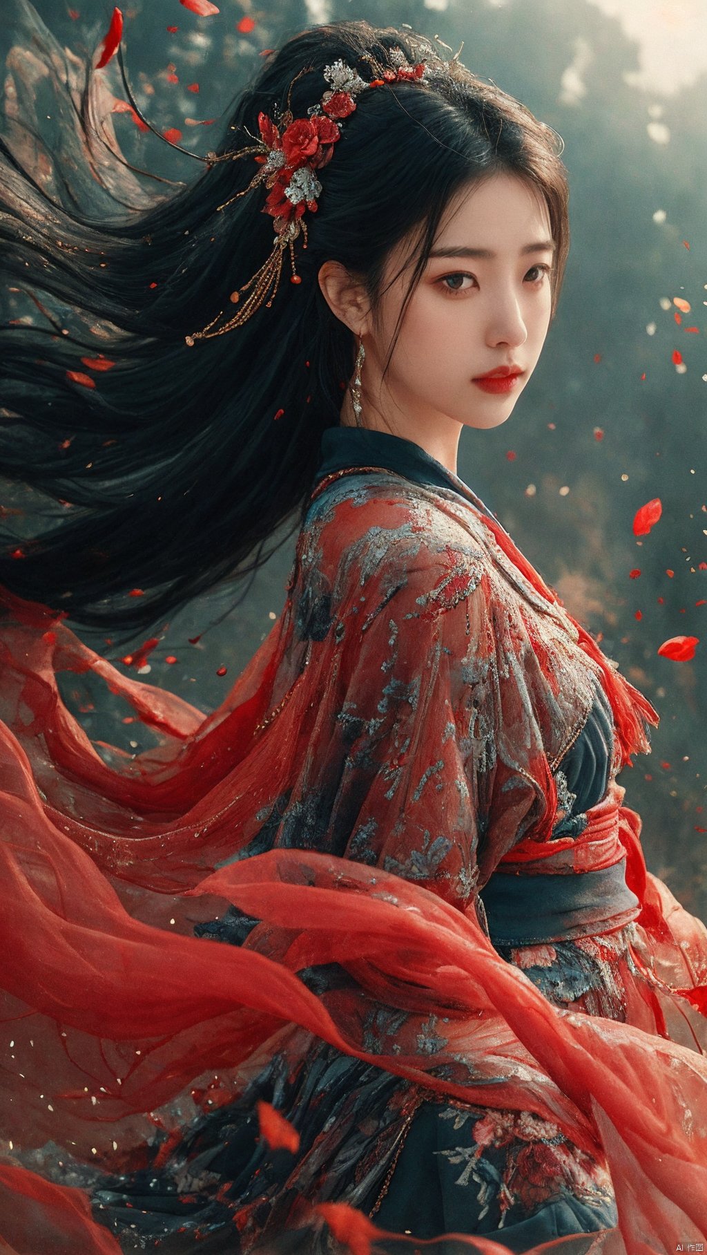 sdmai,chaziyanhong,, 1girl, jewelry, solo, hair ornament, long hair, earrings, black hair, flower, chinese clothes, petals, upper body, hair flower, realistic, shawl