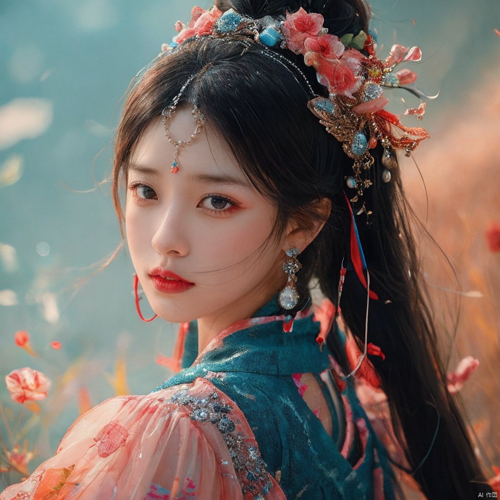 sdmai,chaziyanhong,, 1girl, solo, hair ornament, jewelry, black hair, looking at viewer, flower, realistic, earrings, long hair, blurry