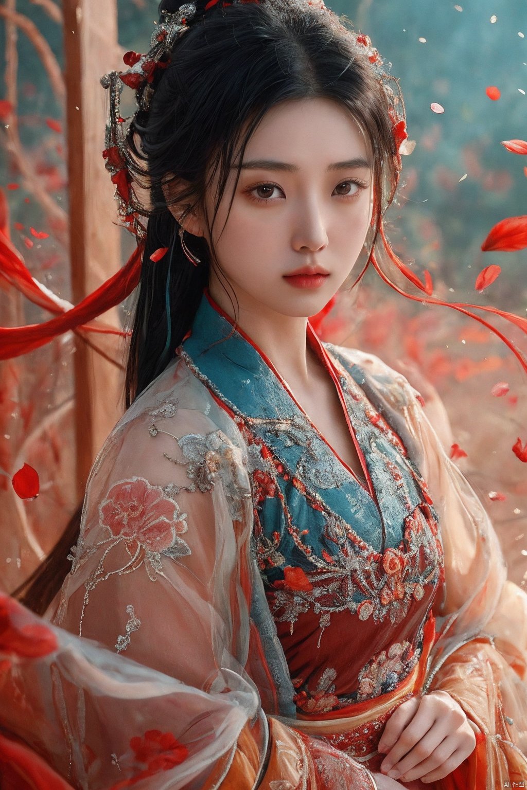 sdmai,chaziyanhong,, 1girl, solo, realistic, chinese clothes, long hair, jewelry, petals, earrings, hair ornament, upper body, looking at viewer, hanfu, black hair