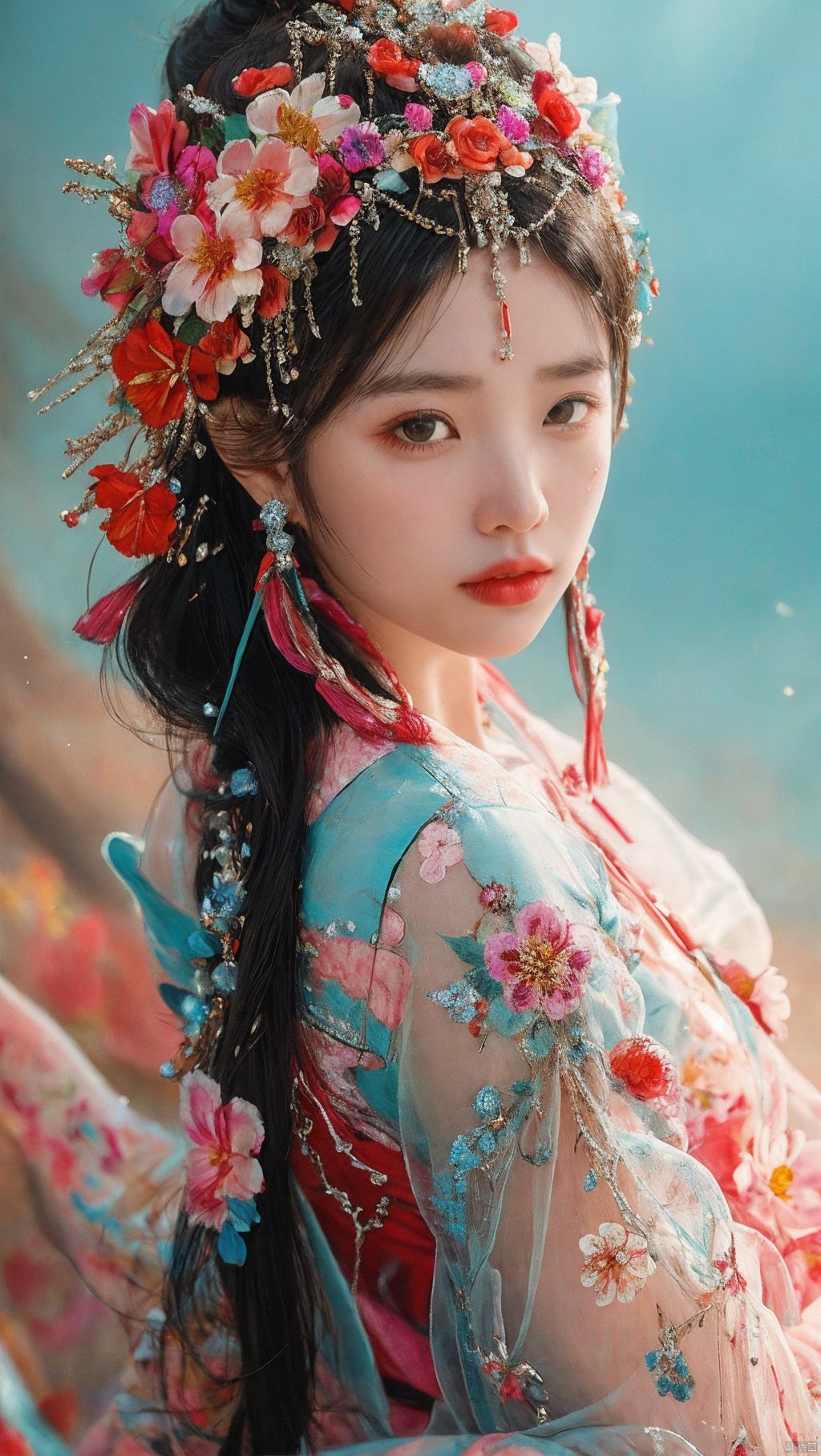 sdmai,chaziyanhong,, 1girl, hair ornament, solo, realistic, flower, jewelry, hair flower, earrings, looking at viewer, long hair, black hair, blurry, lips