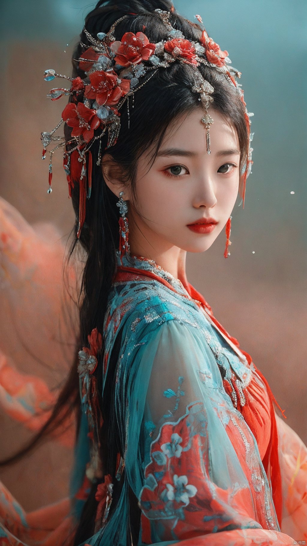 sdmai,chaziyanhong,, 1girl, solo, hair ornament, jewelry, black hair, looking at viewer, flower, realistic, earrings, long hair, blurry