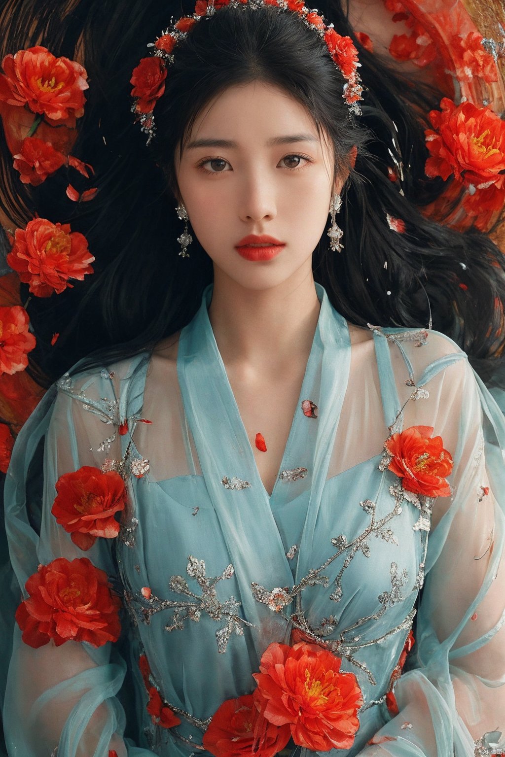 sdmai,chaziyanhong,, 1girl, flower, solo, black hair, long hair, looking at viewer, realistic, jewelry, red flower, parted lips, earrings, lips, lying, water, petals