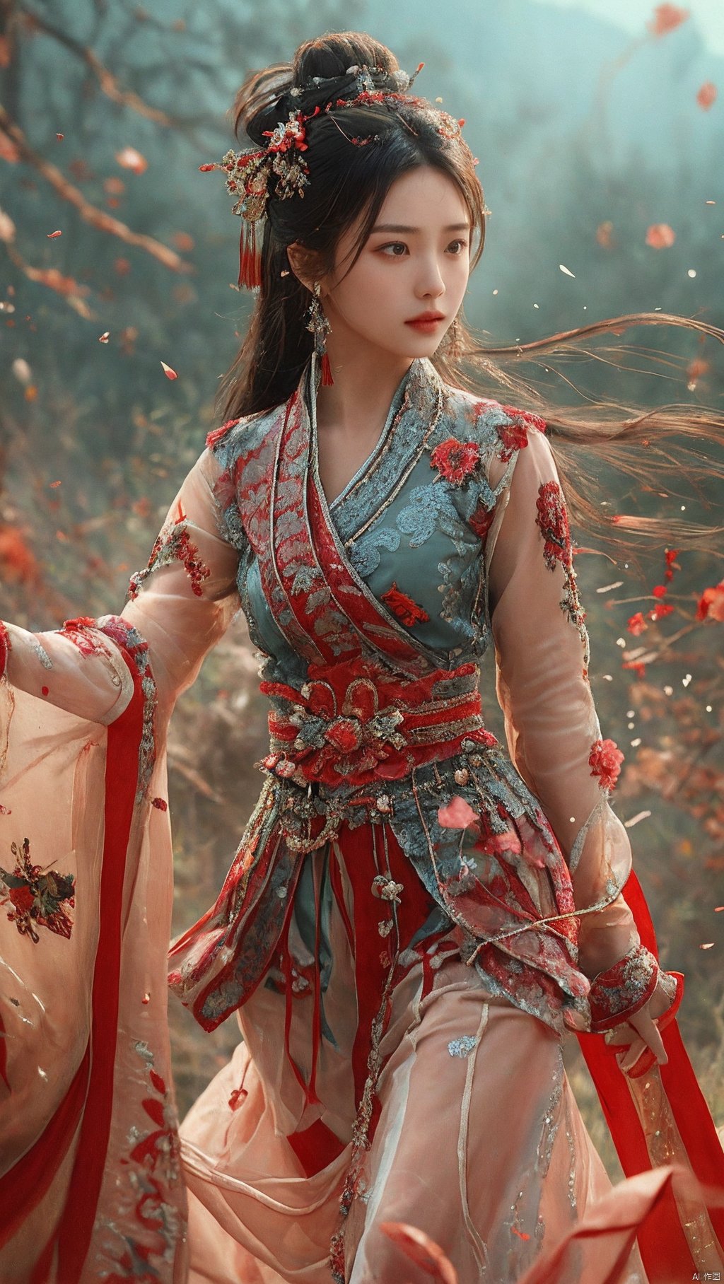 sdmai,chaziyanhong,, 1girl, solo, hair ornament, hanfu, chinese clothes, realistic, long hair, upper body, jewelry, brown hair, looking to the side, earrings, lips, long sleeves, hair bun, looking away