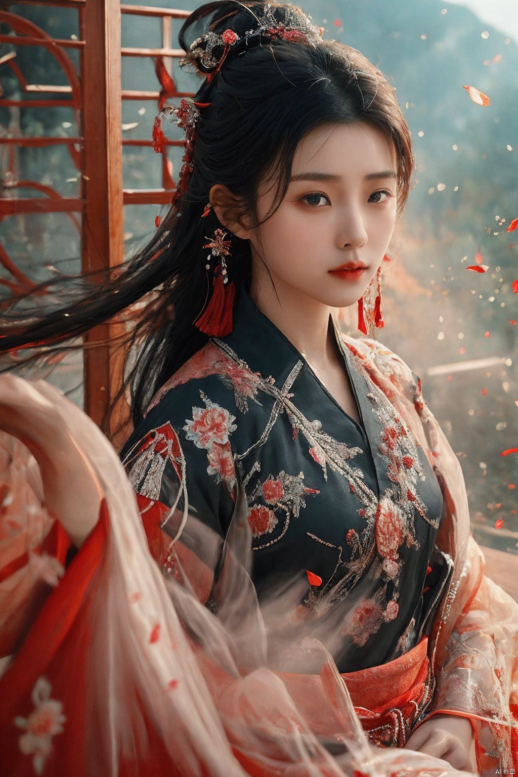 sdmai,chaziyanhong,, 1girl, solo, realistic, chinese clothes, long hair, jewelry, petals, earrings, hair ornament, upper body, looking at viewer, hanfu, black hair