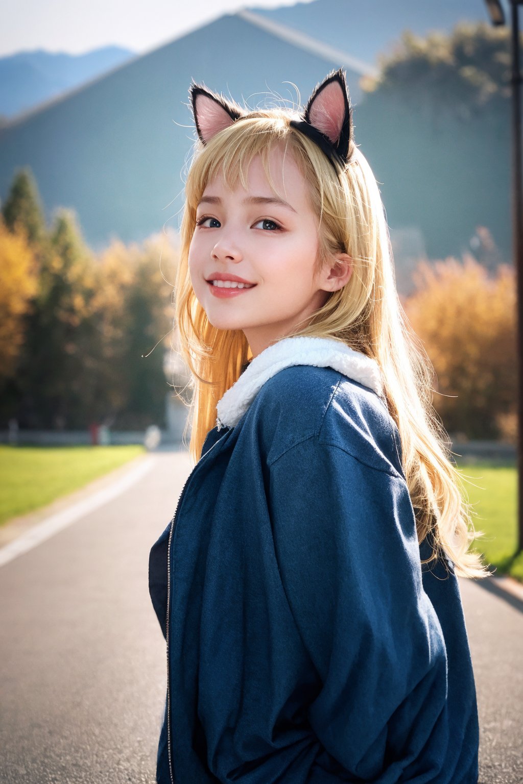 masterpiece, best quality,8K,realistic, High definition, photography, depth of field,HDR, highres,(photoshop \(medium\):1) ,20yo,medium breasts, ,outdoors, 1girl,long hair,bangs,blue jacket,(blonde hair:1.2),cat ears, smile