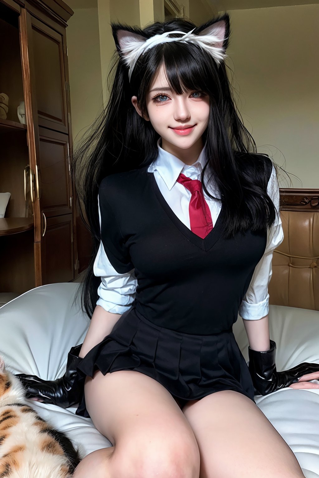 (masterpiece, best quality), 1 beautiful girl, cat ears, smile, slim body, (school uniform:1.1), (detailed beautiful eyes), paw gloves, bedroom, indoors,