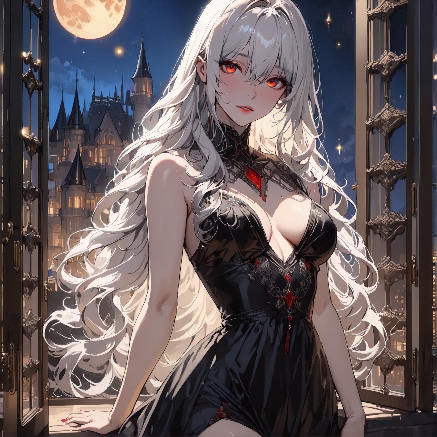 (((masterpiece,best quality, highres, absurbres, 8k))), extremely detailed illustration, ((extremely beautiful detailed eyes and intricate eyes:1.5)), scenary, ((cowboy shot)),

1girl, solo, white hair, red eyes, bangs, wavy hair, long hair, hair between eyes, black dress with glitters, castle, indoors, moon, window, night, 

highly aesthetic, bokeh, (depth) of (field),niji6