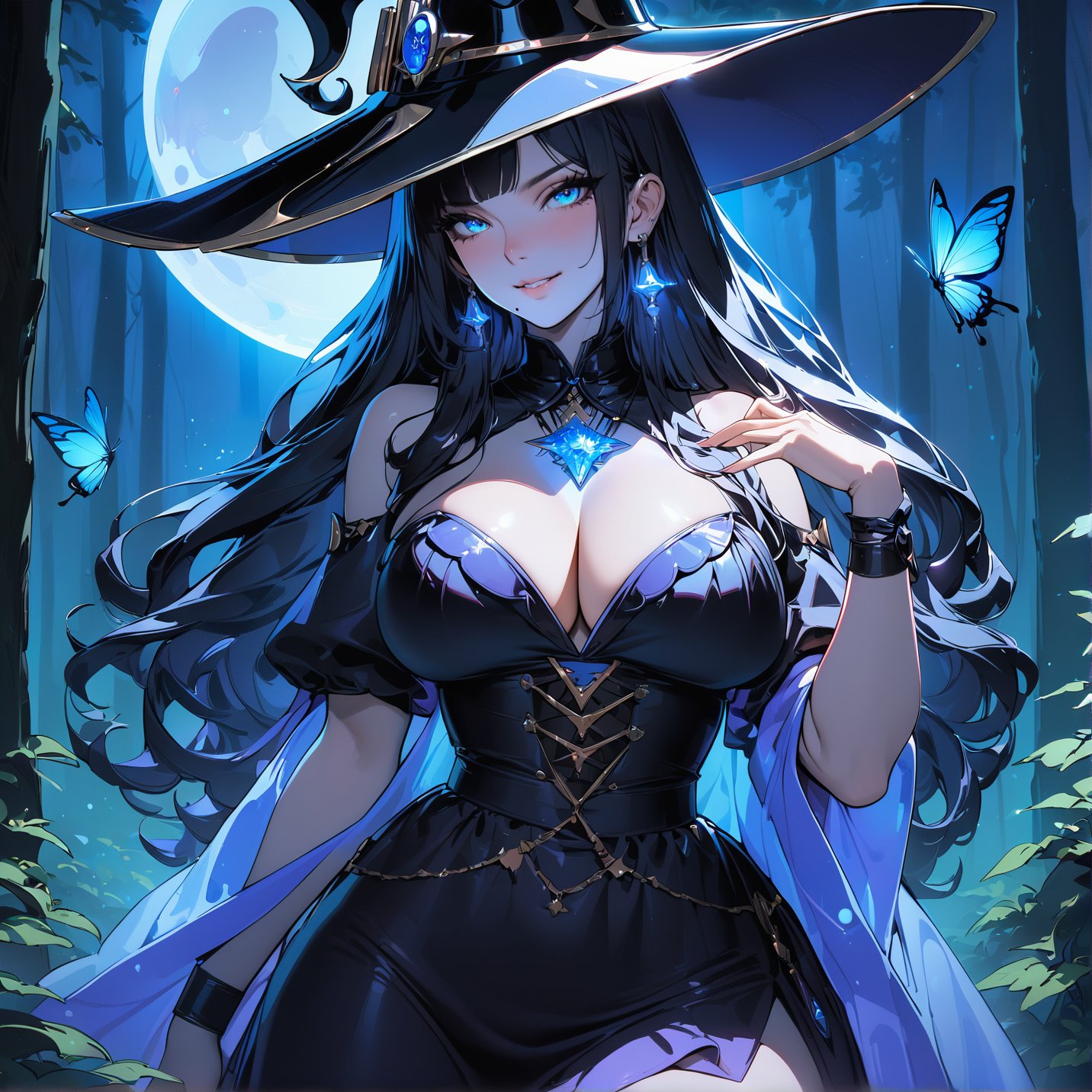 ((masterpiece, best quality, highres, absurbres, 8k)), extremely detailed illustration, [cinematic], uhd, perfect face, looking at viewer, ((close up)), 1girl, black hair, long hair, wavy hair, bangs, blue eyes, ((witch outfit)), skirt, necklace, earings, wrist_band, voloptuous body, curvy hips, medium breasts, cleavage, bare shoulder, outdoors, night, moon, blue luminescence butterflies, smirk, (mole under mouth), twilight_sparkle, forest