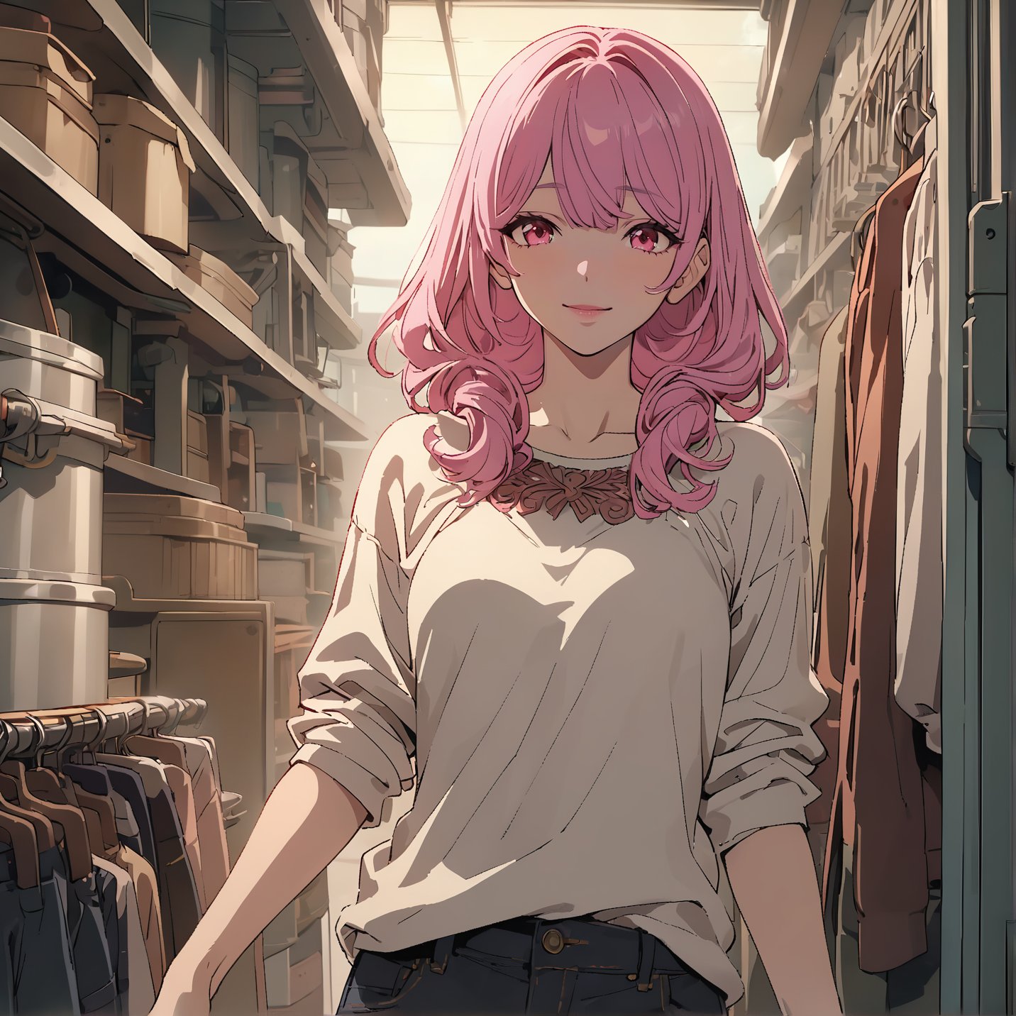 ((masterpiece, best quality, highres, absubres, 8k)), [anime_screencap], extremely detailed illustration, looking at viewer, solo, pink hair, red eyes, slight smile, detailed lips, voluptous body, ((casual clothes)), shirt, pants, ((close up)), indoors, hands on behind, ((beautiful eyes detailed)), niji6