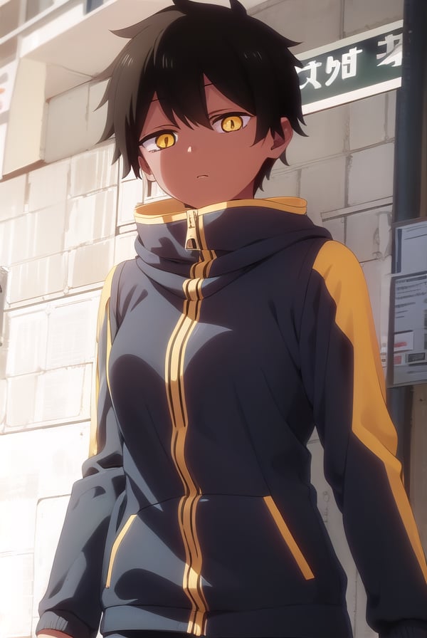 natsumikurobe, <lora:natsumi kurobe s1-lora-nochekaiser:1>,natsumi kurobe, short hair, black hair, (yellow eyes:1.3), (slit pupils:1.5), dark skin, dark-skinned female,BREAK jacket, pants, hood, zipper, tomboy,BREAK outdoors, city,BREAK looking at viewer, (cowboy shot:1.5),BREAK <lyco:GoodHands-beta2:1>, (masterpiece:1.2), best quality, high resolution, unity 8k wallpaper, (illustration:0.8), (beautiful detailed eyes:1.6), extremely detailed face, perfect lighting, extremely detailed CG, (perfect hands, perfect anatomy),