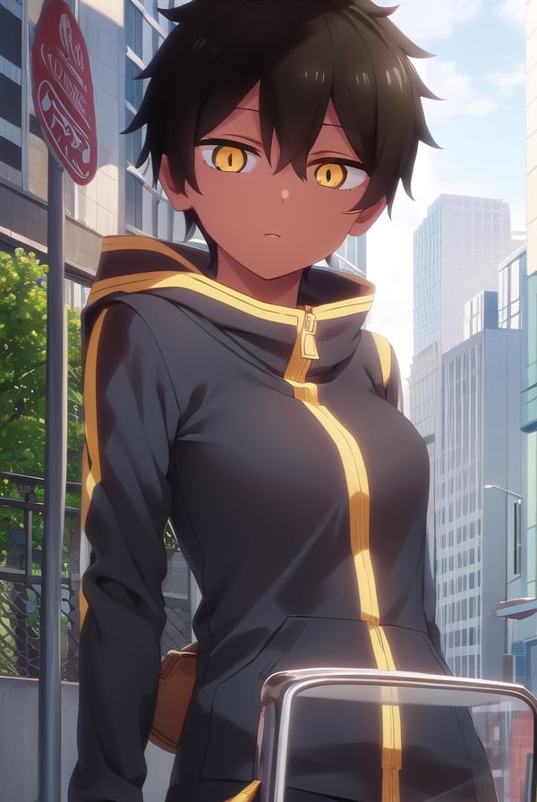 natsumikurobe, <lora:natsumi kurobe s1-lora-nochekaiser:1>,natsumi kurobe, short hair, black hair, (yellow eyes:1.3), (slit pupils:1.5), dark skin, dark-skinned female,BREAK jacket, pants, hood, zipper, tomboy,BREAK outdoors, city,BREAK looking at viewer, (cowboy shot:1.5),BREAK <lyco:GoodHands-beta2:1>, (masterpiece:1.2), best quality, high resolution, unity 8k wallpaper, (illustration:0.8), (beautiful detailed eyes:1.6), extremely detailed face, perfect lighting, extremely detailed CG, (perfect hands, perfect anatomy),