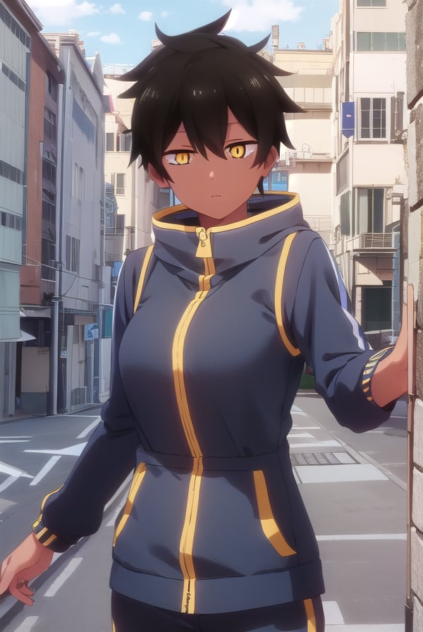 natsumikurobe, <lora:natsumi kurobe s1-lora-nochekaiser:1>,natsumi kurobe, short hair, black hair, (yellow eyes:1.3), (slit pupils:1.5), dark skin, dark-skinned female,BREAK jacket, pants, hood, zipper, tomboy,BREAK outdoors, city,BREAK looking at viewer, (cowboy shot:1.5),BREAK <lyco:GoodHands-beta2:1>, (masterpiece:1.2), best quality, high resolution, unity 8k wallpaper, (illustration:0.8), (beautiful detailed eyes:1.6), extremely detailed face, perfect lighting, extremely detailed CG, (perfect hands, perfect anatomy),