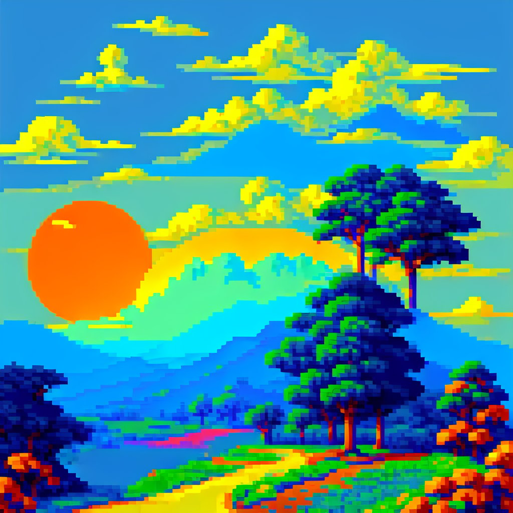 Pixel Art,  Ghibli inspired landscape background,  blue sky,  sunset,  trees,  retro art style,  High detailed,<lora:EMS-179-EMS:0.800000>