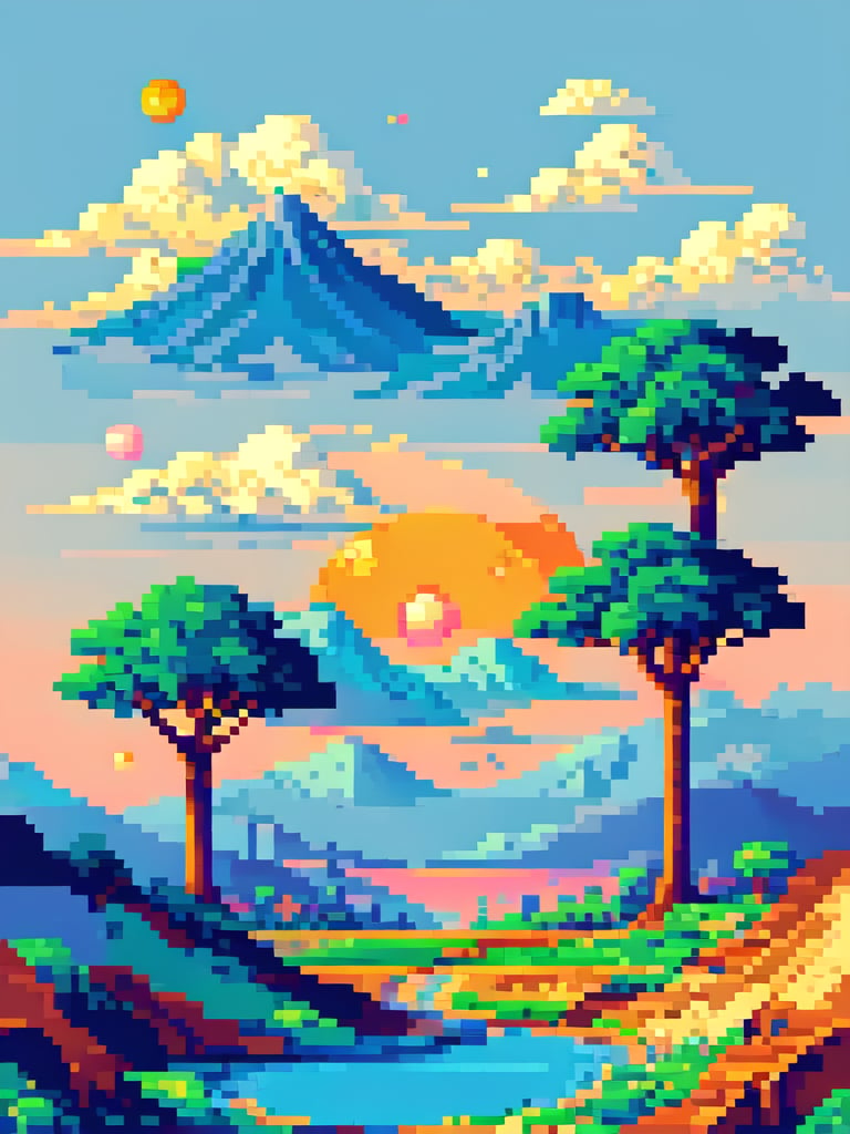 Pixel Art,  16-bit,  Ghibli inspired landscape simple background,  blue sky,  sunset,  trees,  indie game,  High detailed , PixelArt,<lora:EMS-10625-EMS:0.500000>