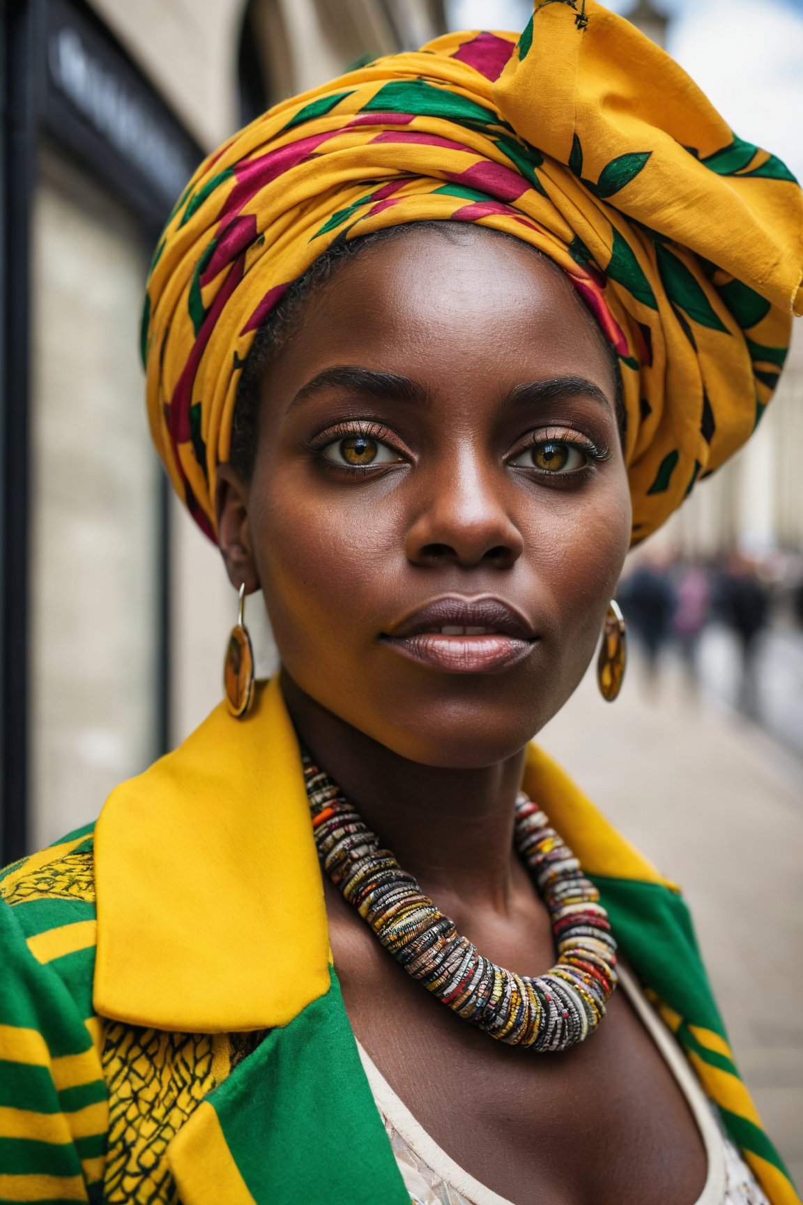 RAW Photo, a beautiful woman, dark skinned, modern urban fashion, wise eyes, London, Jamaican ancestry, hyperdetailed photo, vivid vibrant colors, instagram photo, DSLR, HDR10, digital photography, kodak portra 400, very sharp details, natural lighting, sunny