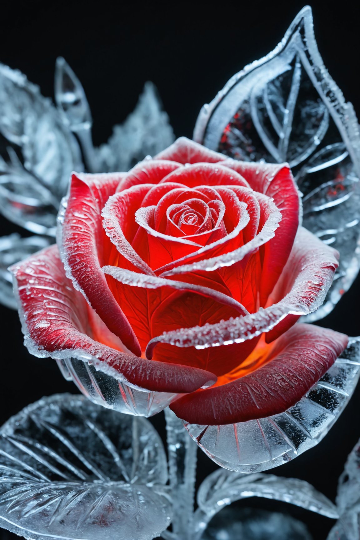 a rose made out of ice in the style of ice art, icy, ice carving, frozen art, translucent sculpture, ice texture, ice replica, glowing red neon color palette
