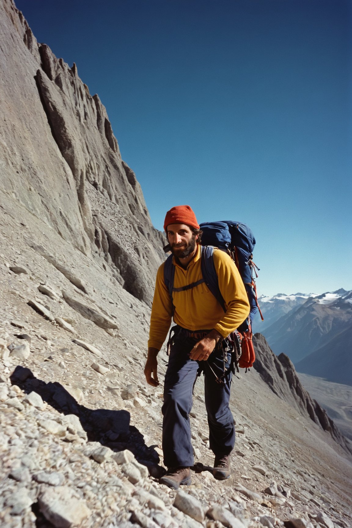 RAW Photo, a Chilean adventurer, climbing a mountain, hyperdetailed photo, Kodak Ektar 100, rich emotive colors, DSLR