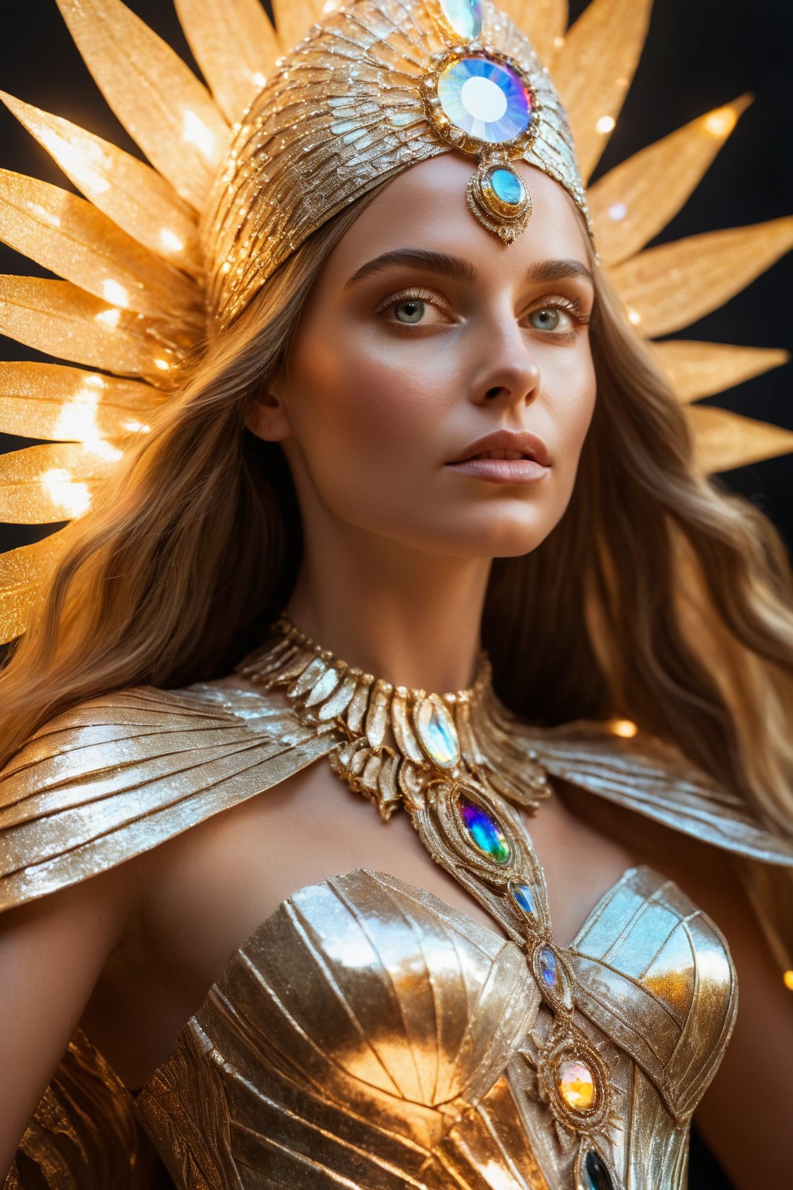Hyperdetailed photograph, facial close up, Goddess of Light, (radiating bright light), (haute couture dress made out of golden and silver iridescent reflective flowing prismatic photonic energy), she has a small divine halo made of pure light, her face is radiant like the sun, sci-fi, fantasy, supreme realism, detailed skin, macro details, cover photo, fascinating composition, sense of warmth, divine aura, sanctity, hard light, she looks like a Brazilian model, extremely beautiful eyes, DSLR, HDR10, digital photography, vibrant vivid prismatic iridescent colors, very sharp details, Canon EOS R5, ambient light, natural lighting, spot light, hero lights, award winning photography, masterpiece