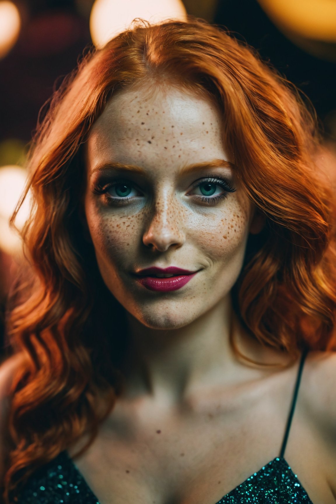 Amateur photography, a stunning redhead, party clothing, nightclub photo, ambient lighting, ecstatic vibe, slightly alternative, very attractive, intricate skin details, deep darks, hyperdetailed photo, instagram filter, low lighting, flash photography, shot on a Samsung Galaxy, rich emotive colors, DSLR