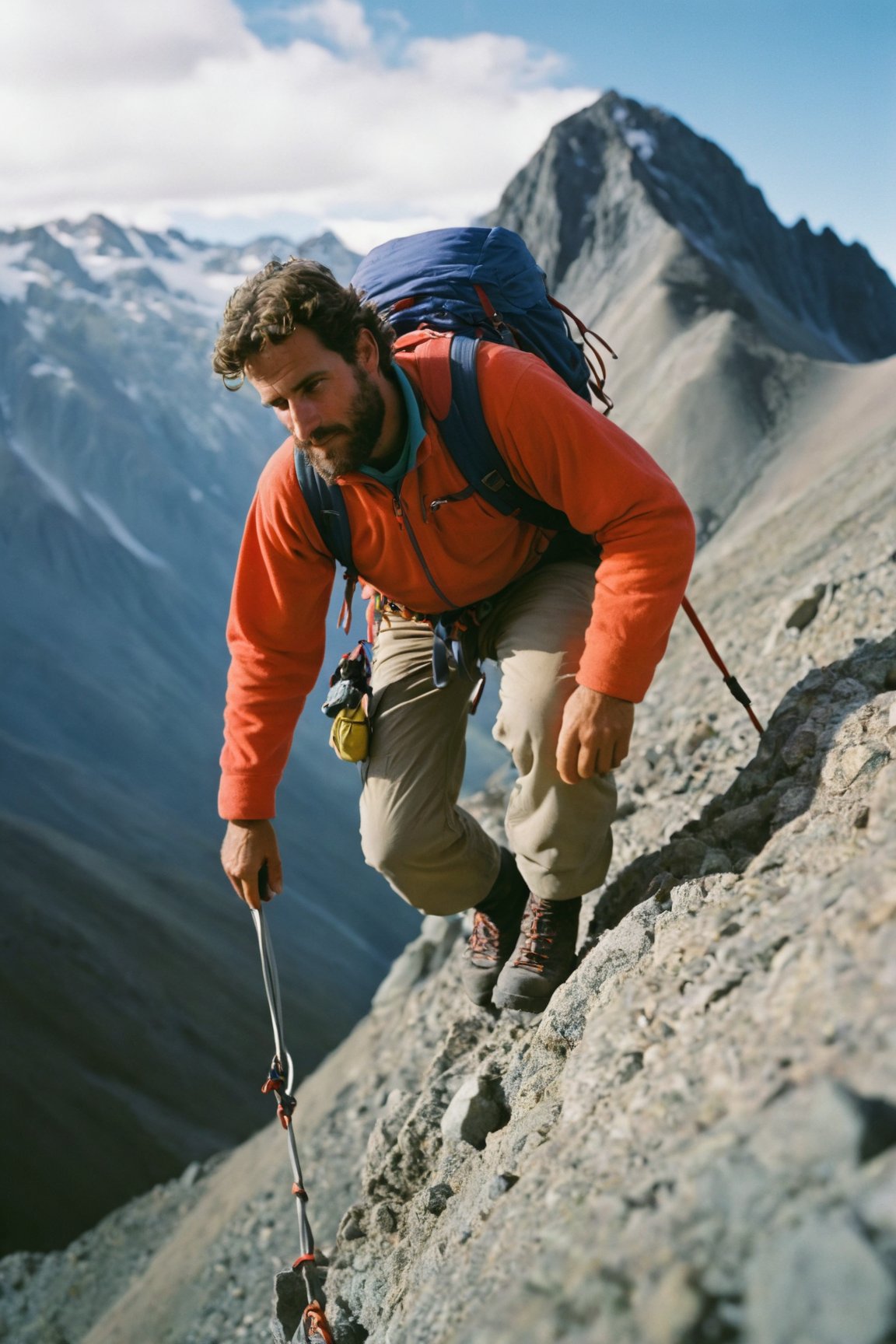 RAW Photo, a Chilean adventurer, climbing a mountain, hyperdetailed photo, Kodak Ektar 100, rich emotive colors, DSLR