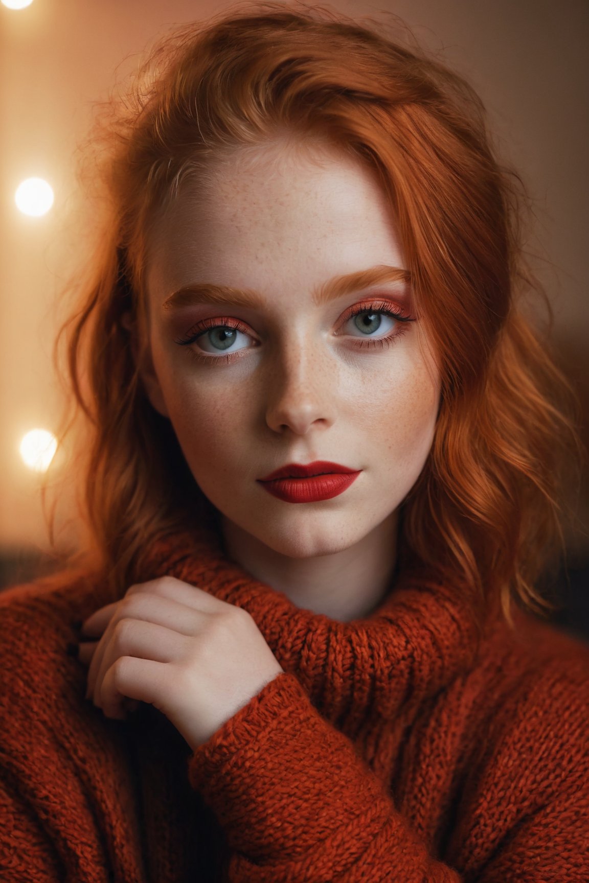 raw photo, (18yo redhead girl:1.2), makeup, graphic eyeliner, rouge, realistic skin texture, oversize knit sweater, (red:0.8), softcore, warm lighting, cosy atmosphere, instagram style, bit of cleavage showing, shoulders,