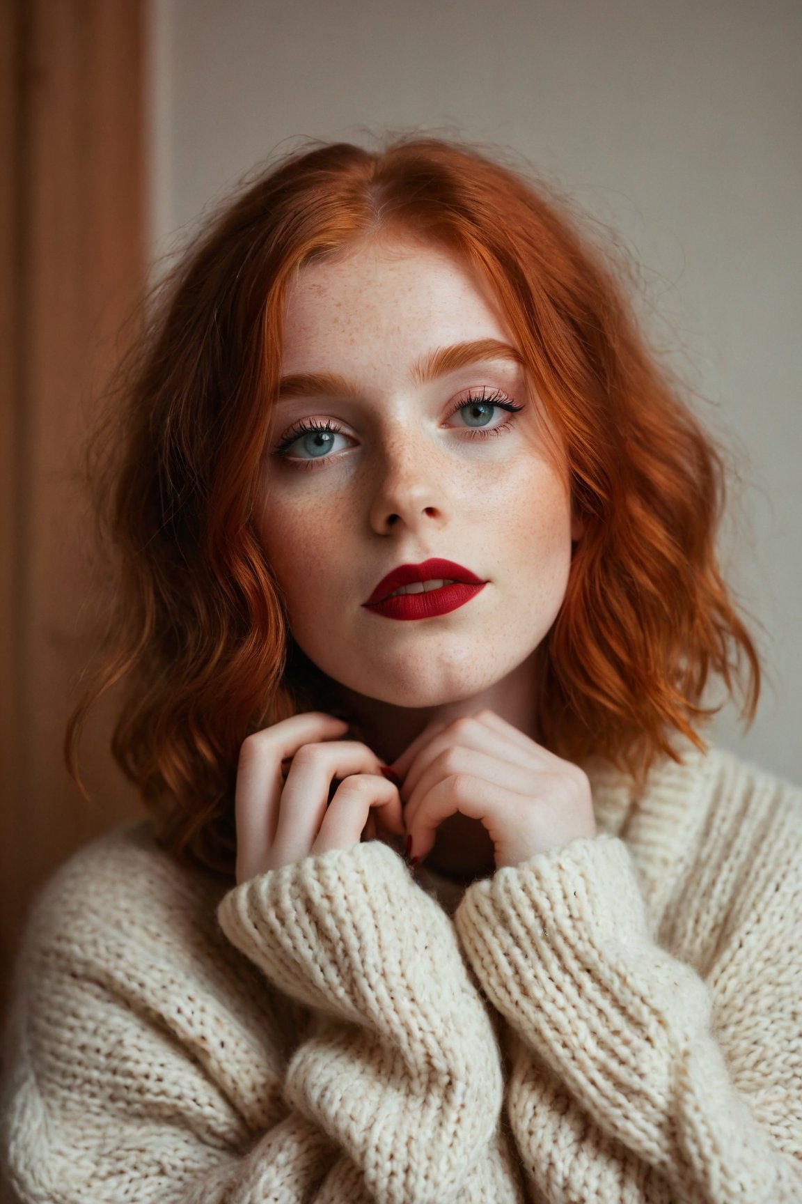 raw photo, (18yo redhead girl:1.2), makeup, graphic eyeliner, rouge, realistic skin texture, oversize knit sweater, (red:0.8), softcore, warm lighting, cosy atmosphere, instagram style, bit of cleavage showing, shoulders,