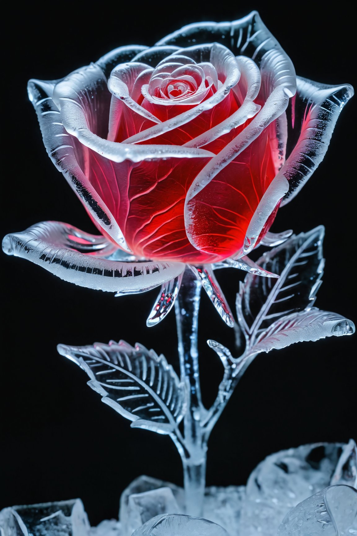 a rose made out of ice in the style of ice art, icy, ice carving, frozen art, translucent sculpture, ice texture, ice replica, glowing red neon color palette