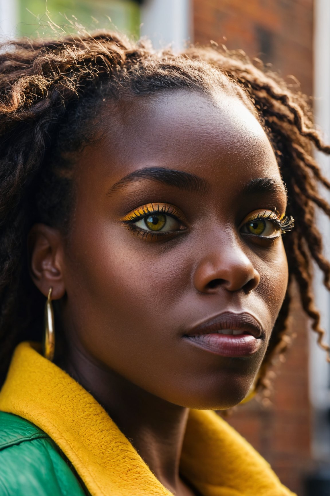 RAW Photo, a beautiful woman, dark skinned, modern urban fashion, wise eyes, London, Jamaican ancestry, hyperdetailed photo, vivid vibrant colors, instagram photo, DSLR, HDR10, digital photography, kodak portra 400, very sharp details, natural lighting, sunny