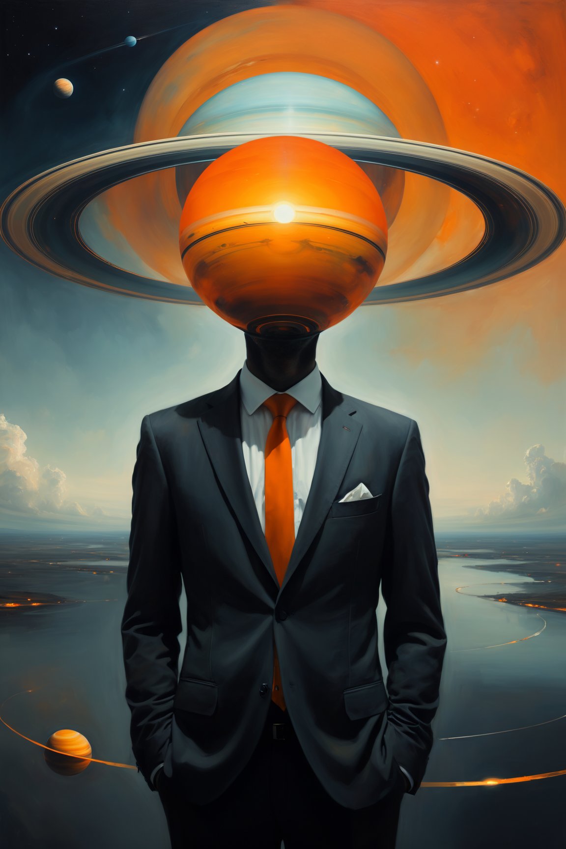 a man in a suit with a Saturn instead of his head, a surrealist painting, by Eglon van der Neer, unsplash, artwork in the style of guweiz, suit and tie, head and waist potrait, without eyes, with a big head, faceless people, head as a planet, professional profile picture, orange halo, ral-dissolve