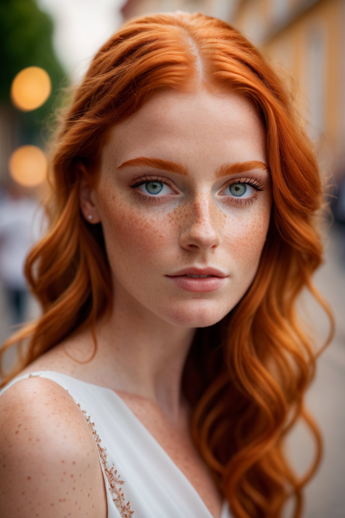 ((Glamour Shot)),(best quality, high quality, sharp focus:1.4), european beautiful woman, model face, (ginger:1.3), (freckles:1.1), look at the viewer, street, best quality, realistic ,masterpiece,bokeh, 4k,photographic, fine texture, incredibly lifelike,  sldr3ssng, white dress