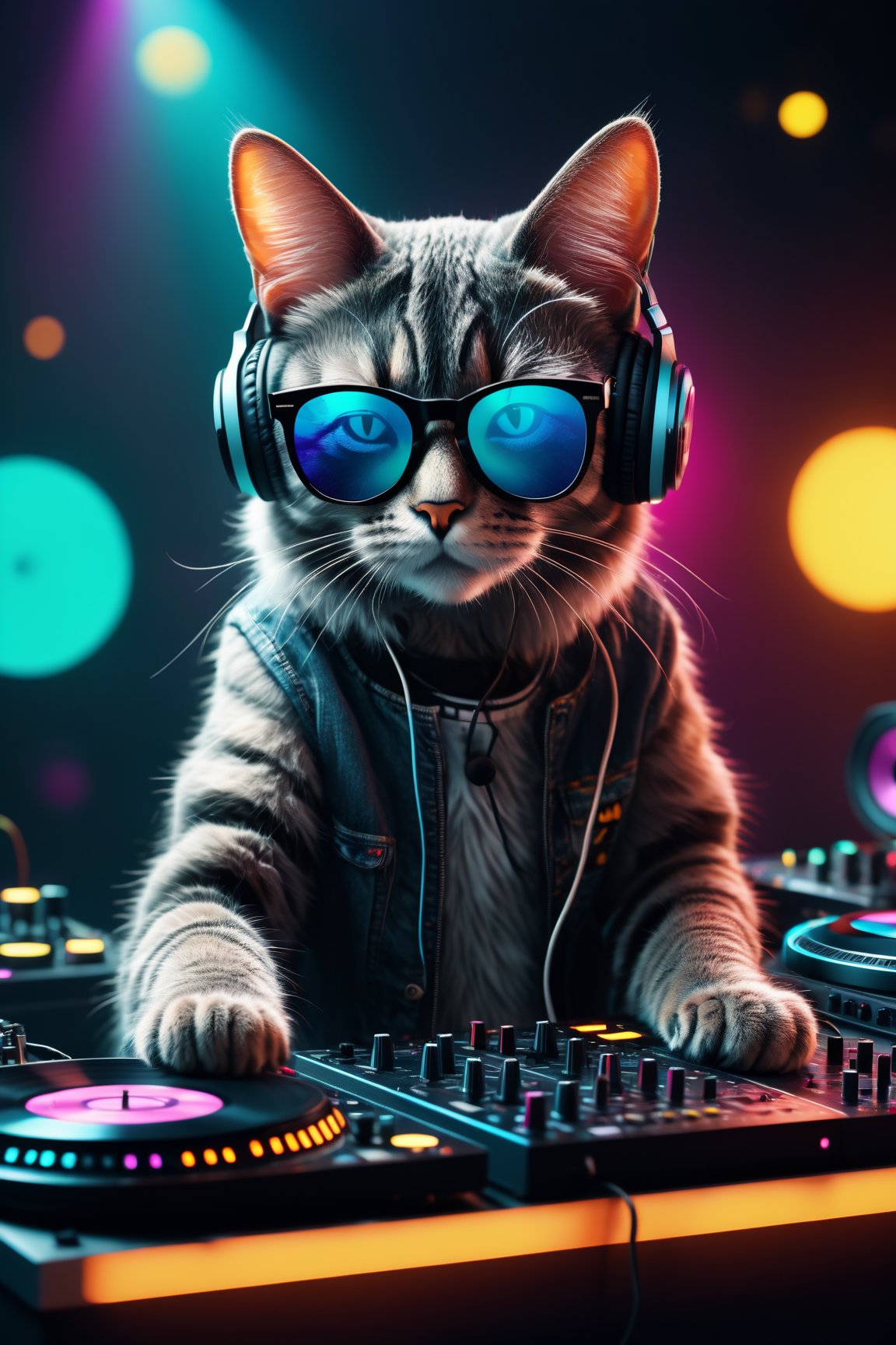 8k uhd rtx on cinematic artistic photoreal best quality high resolution, A Cat DJ, wearing sunglasses and headphones, working the turntables as a DJ