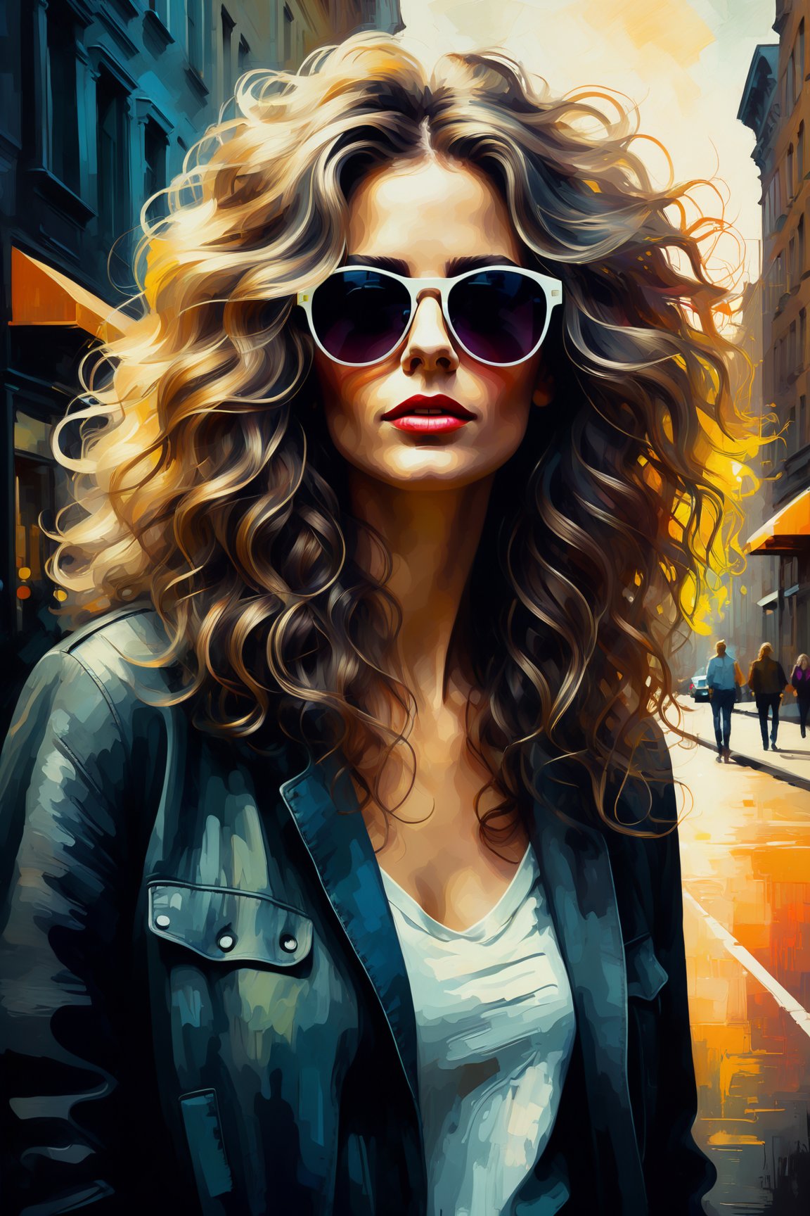 a pretty woman in the street modern city, wavy wild hair, opaque sunglasses, digital painting, vintage style, bright colors , atmospheric lighting, cinematic composition, muted colors adds. highly detailed. dark ambiance, impasto oil drawing, achromatic, ( hyperrealistic art), painterly, watercolor style, modern ink