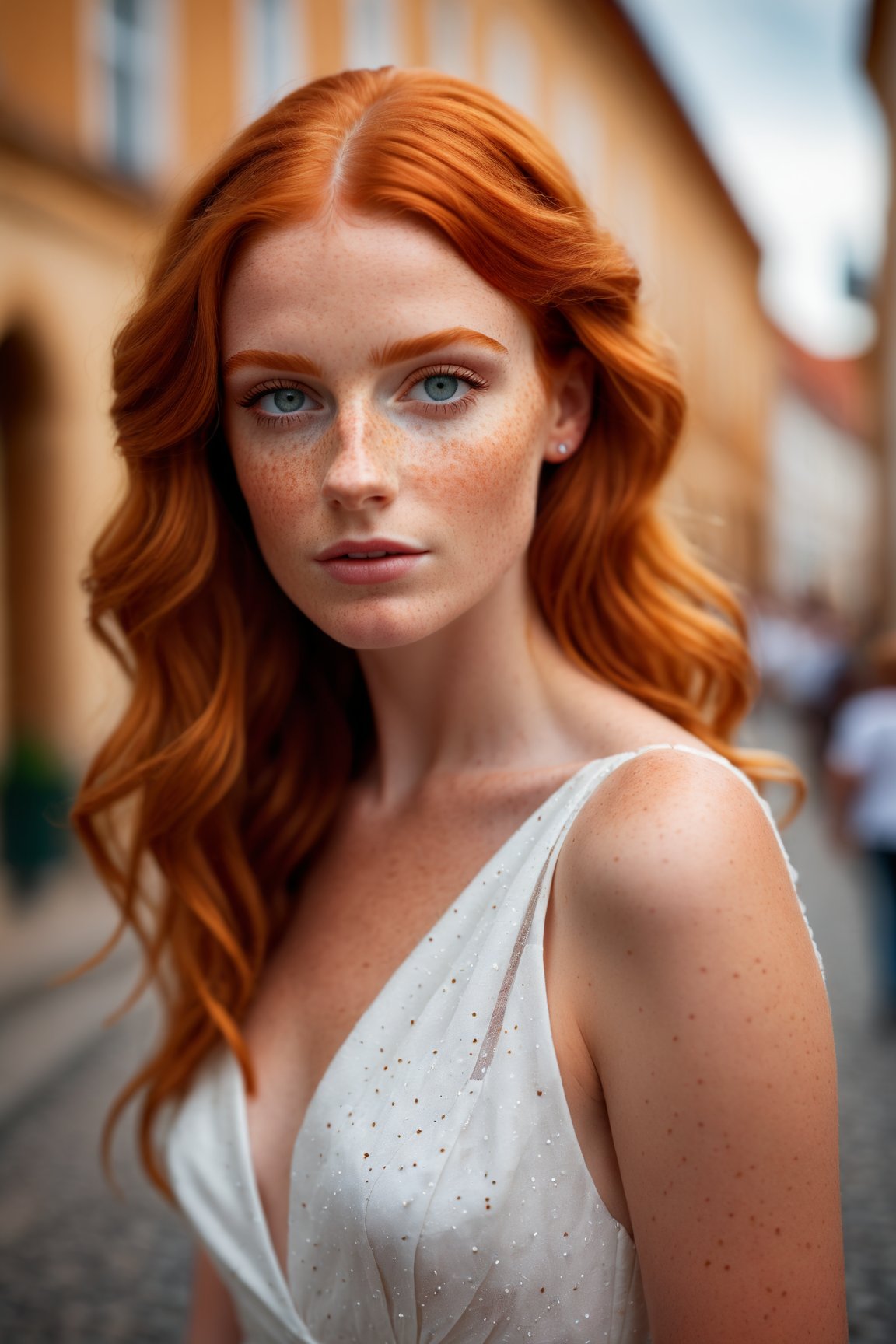 ((Glamour Shot)),(best quality, high quality, sharp focus:1.4), european beautiful woman, model face, (ginger:1.3), (freckles:1.1), look at the viewer, street, best quality, realistic ,masterpiece,bokeh, 4k,photographic, fine texture, incredibly lifelike,  sldr3ssng, white dress
