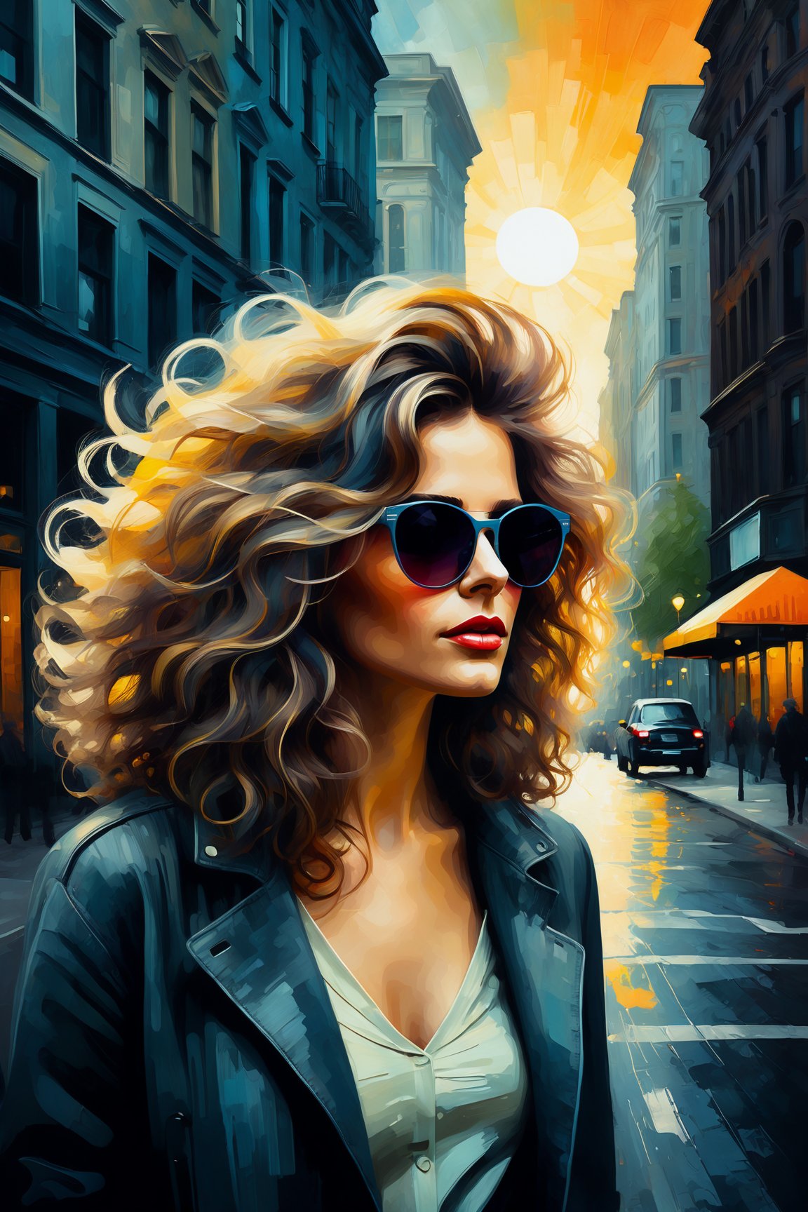 a pretty woman in the street modern city, wavy wild hair, opaque sunglasses, digital painting, vintage style, bright colors , atmospheric lighting, cinematic composition, muted colors adds. highly detailed. dark ambiance, impasto oil drawing, achromatic, ( hyperrealistic art), painterly, watercolor style, modern ink