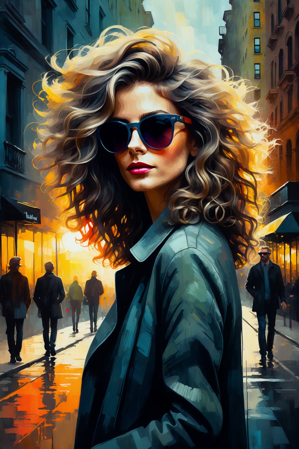 a pretty woman in the street modern city, wavy wild hair, opaque sunglasses, digital painting, vintage style, bright colors , atmospheric lighting, cinematic composition, muted colors adds. highly detailed. dark ambiance, impasto oil drawing, achromatic, ( hyperrealistic art), painterly, watercolor style, modern ink