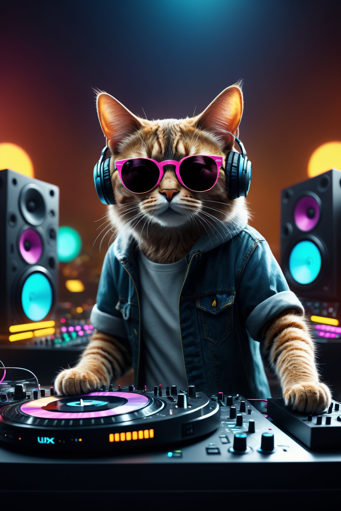 8k uhd rtx on cinematic artistic photoreal best quality high resolution, A Cat DJ, wearing sunglasses and headphones, working the turntables as a DJ