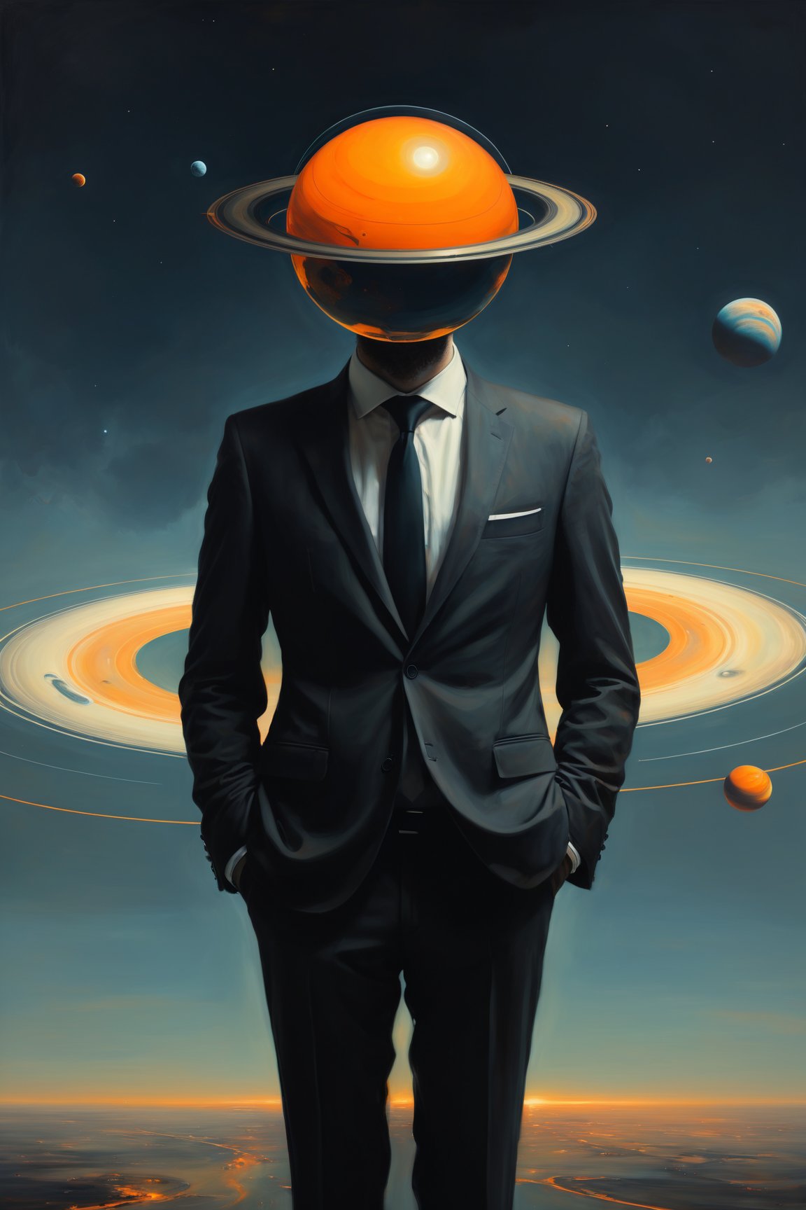 a man in a suit with a Saturn instead of his head, a surrealist painting, by Eglon van der Neer, unsplash, artwork in the style of guweiz, suit and tie, head and waist potrait, without eyes, with a big head, faceless people, head as a planet, professional profile picture, orange halo, ral-dissolve