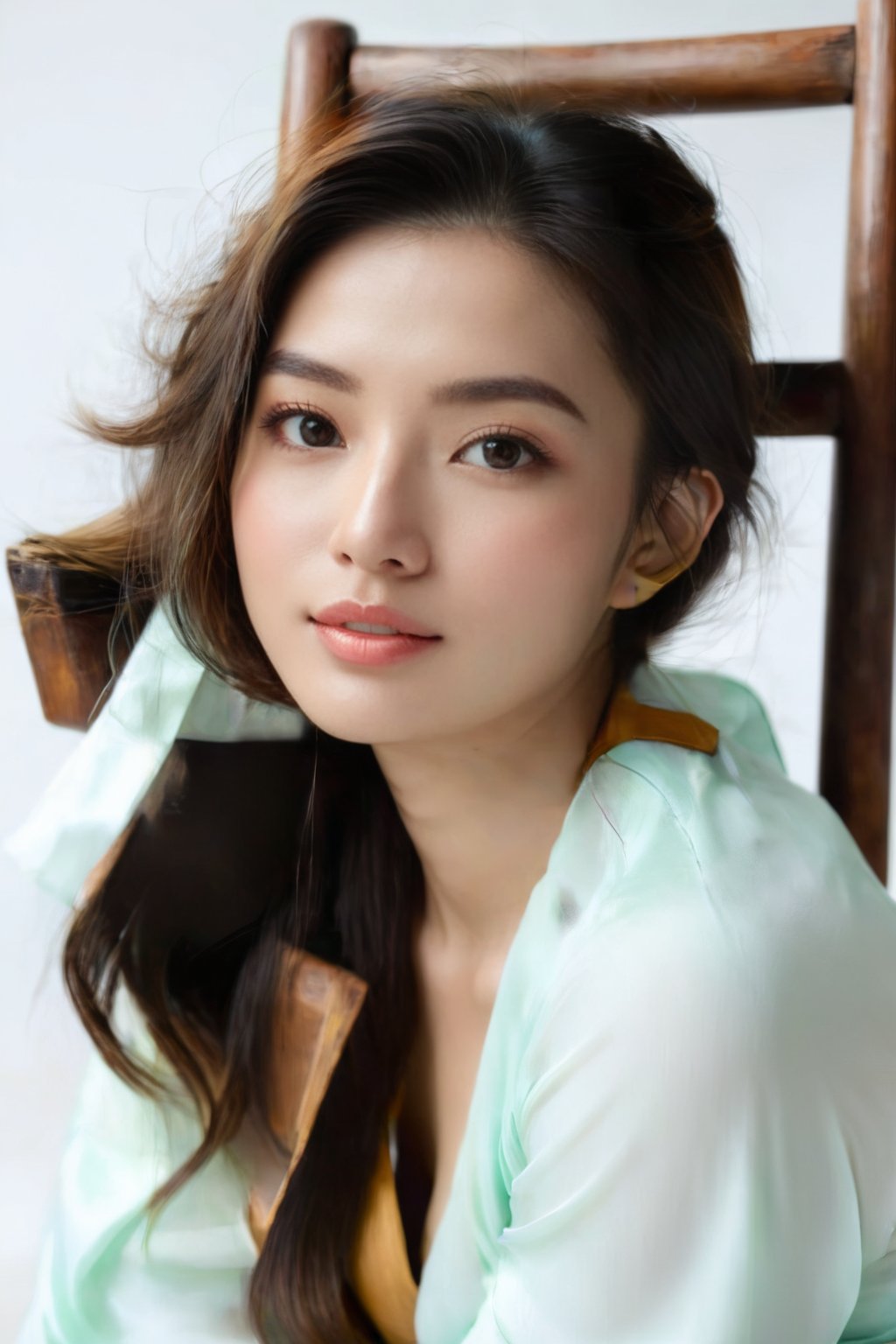 Potrait of a beauty Vietnamese girl is sitting on a wooden chair with a white background behind her. The studio light is positioned to the right of the girl, casting a soft light on her face and dress.,girl