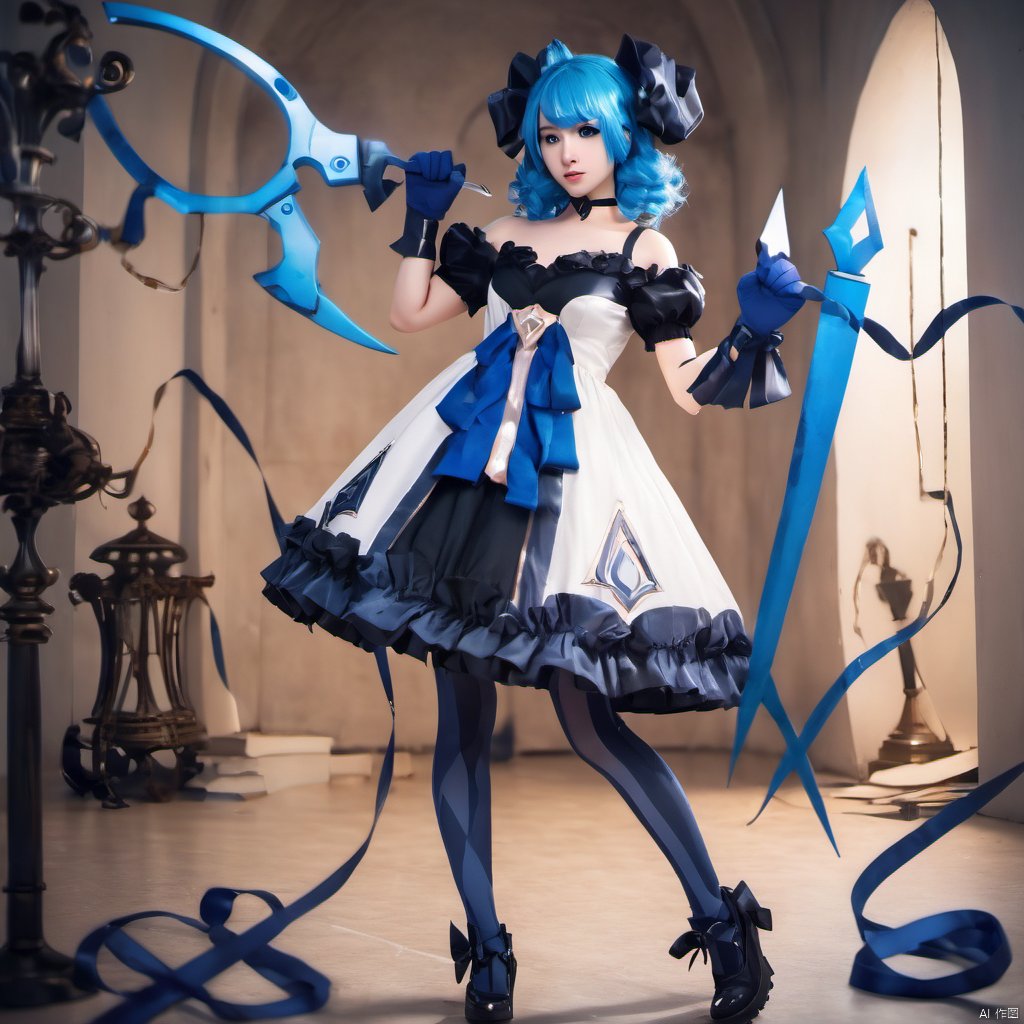 gwen \(league of legends\),1girl, scissors, long hair, holding scissors, solo, oversized object, drill hair, dress, twin drills, gloves, holding, ahoge, blue hair, pantyhose, bow, bangs, black gloves, twintails, hair bow, needle, breasts, black bow, short sleeves, shoes, looking at viewer, full body, standing, collarbone, grey dress, black dress, white footwear, blue eyes, frills, puffy sleeves, ribbon, blurry background,, gwen \\(league of legends\\), MAJICMIX STYLE