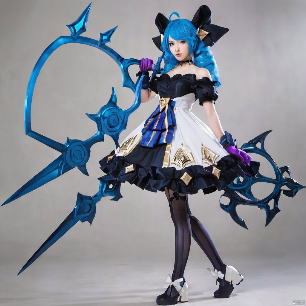 gwen \(league of legends\),1girl, scissors, long hair, holding scissors, solo, oversized object, drill hair, dress, twin drills, gloves, holding, ahoge, blue hair, {pantyhose},black_pantyhose, bow, bangs, black gloves, twintails, hair bow, needle, breasts, black bow, short sleeves, shoes, looking at viewer, full body, standing, collarbone, grey dress, black dress, white footwear, blue eyes, frills, puffy sleeves, ribbon,gwen \\(league of legends\\), FilmGirl