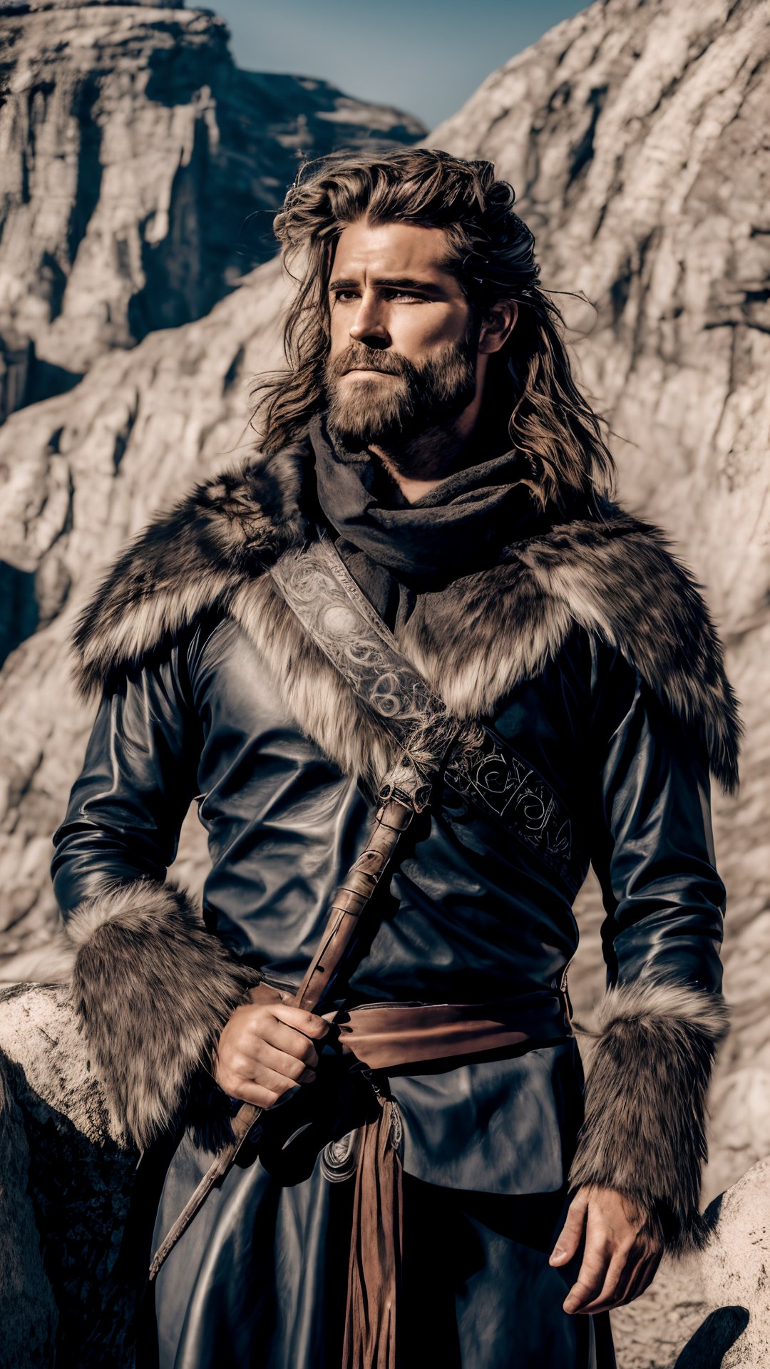  Amidst the windswept cliffs of a mystical land, a Nordic healer stands resolute, his rugged features etched with wisdom and strength. Traditional runes adorn his leather garb, a stark contrast to the ethereal glow emanating from his fingertips.