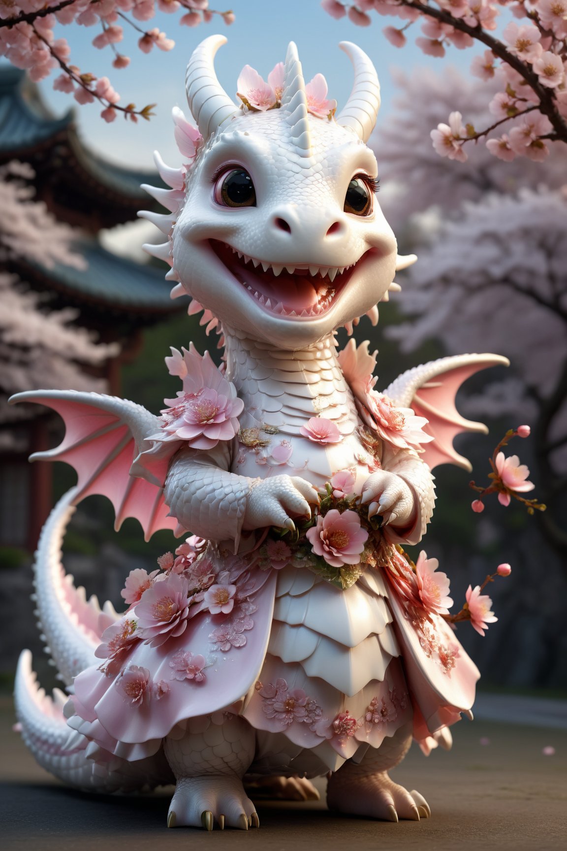  portrait of cute dragon,(dynamic  pose), high quality,(anime style) ,intricate details, highly detailed dress ,smile,highly detailed flower decorations, long tail , (wind effect), cherry_blossom background,sun light,(full body image:1.5),more detail XL,,cute dragon,sticker