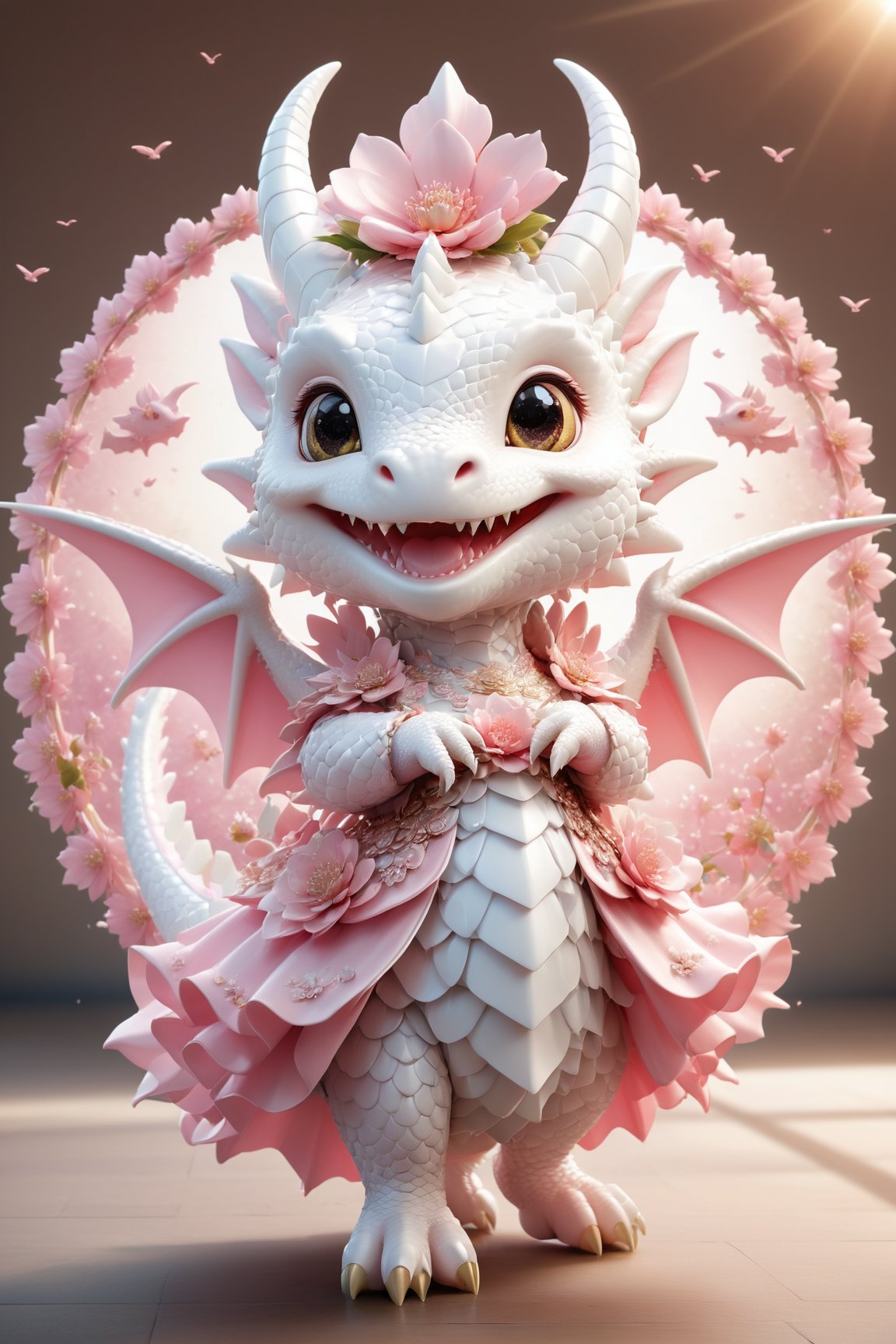  portrait of cute dragon,(dynamic  pose), high quality,(anime style) ,intricate details, highly detailed dress ,smile,highly detailed flower decorations, long tail , (wind effect), cherry_blossom background,sun light,(full body image:1.5),more detail XL,,cute dragon,sticker