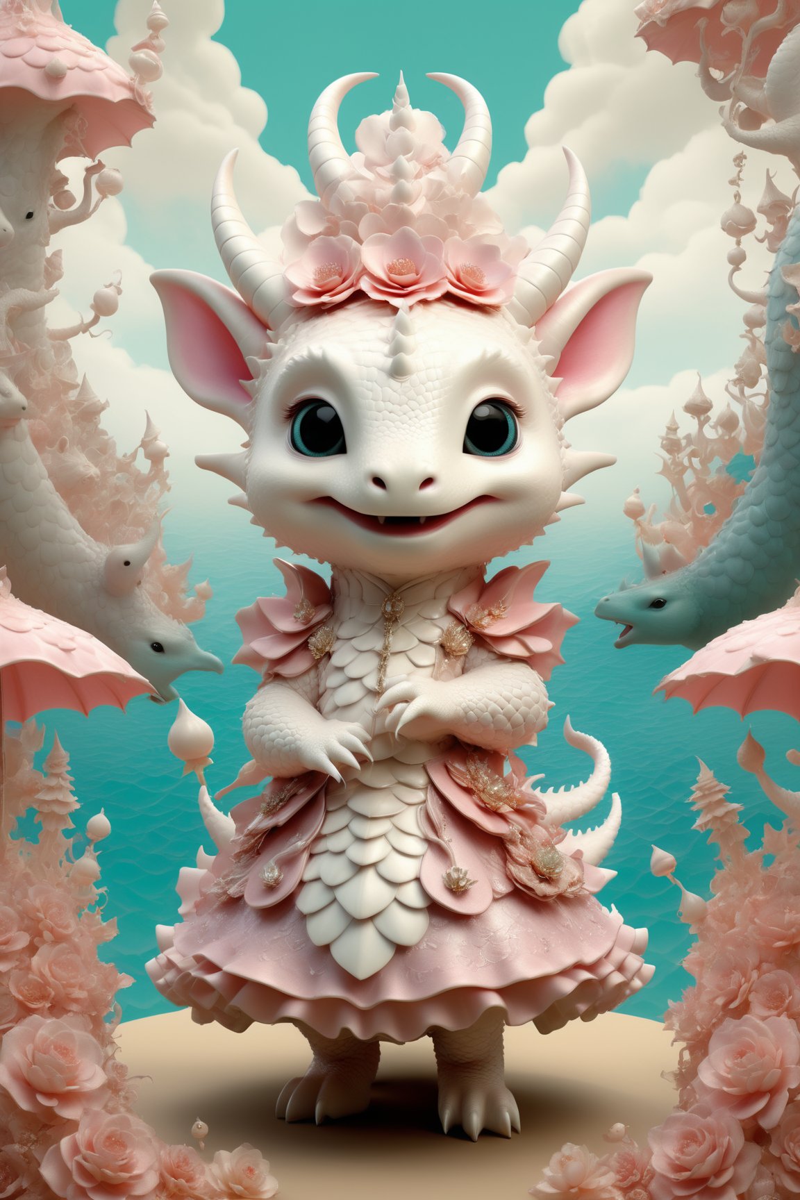 A beautiful and whimsical elusive pop noir surrealism, art of Dressed animals - cute dragon,dancing,singing,(happy),, in the style of Dr. Seuss, inspired by Mandelbrot fractals and the Doppler effect glitchcore, in the style of Ray Caesar, modern art, art nouveau, realism fantastic, intricate details, surreal emotion art, interesting emotional feeling, highli texture details, Behance winning award. rendered in a charming, ornate style, with textured brushstrokes and incredibly high 12k resolution. This highly detailed 3DHD oil painting showcases Pierre-Auguste Renoir's mastery of color and technique. The deep, incandescent tones and ultra-fine details evoke a surrealist vibe reminiscent of Craola, Nicoletta Ceccoli, Beeple, Jeremiah Ketner, Todd Lockwood. Meticulously hand-painted with meticulous attention to detail, this work of art captures the essence of fantastical scenes from a bygone era. Created using cutting-edge Octane Render technology, underwater,cute dragon