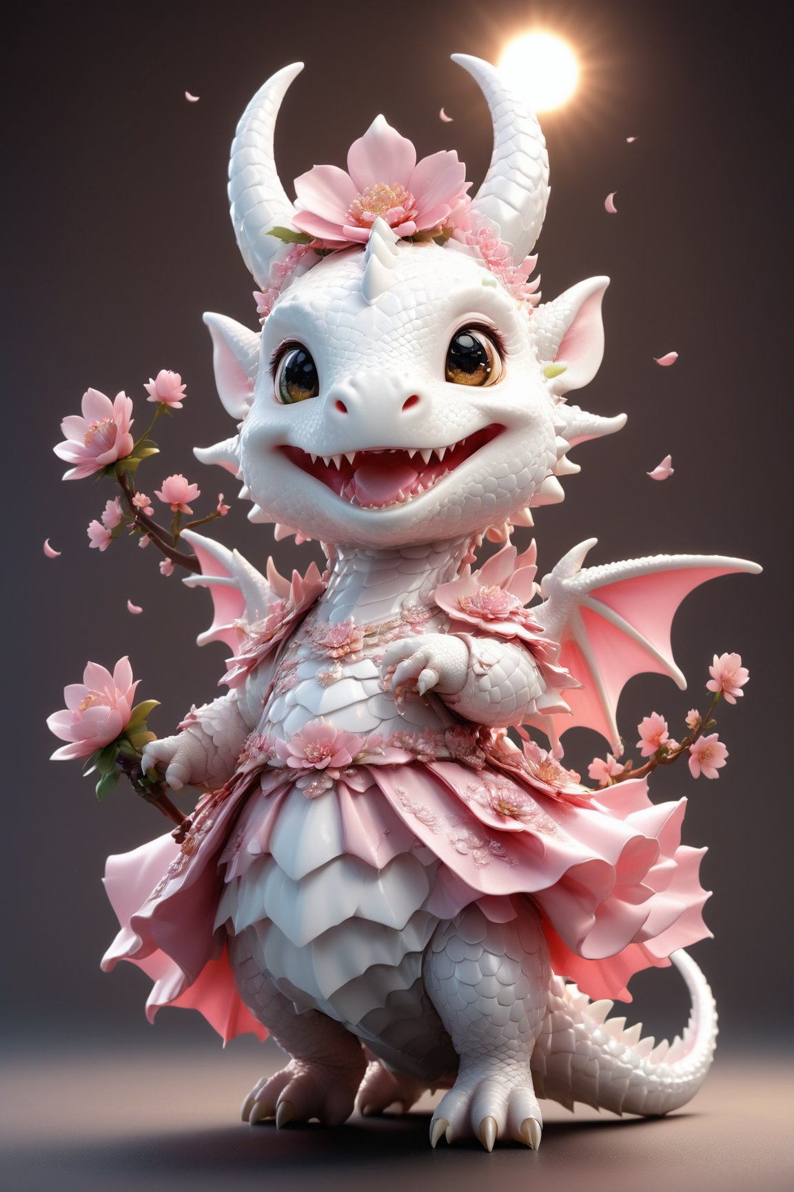  portrait of cute dragon,(dynamic  pose), high quality,() ,intricate details, highly detailed dress ,smile,highly detailed flower decorations, long tail , (wind effect), cherry_blossom background,sun light,(full body image:1.5),more detail XL,,cute dragon,sticker