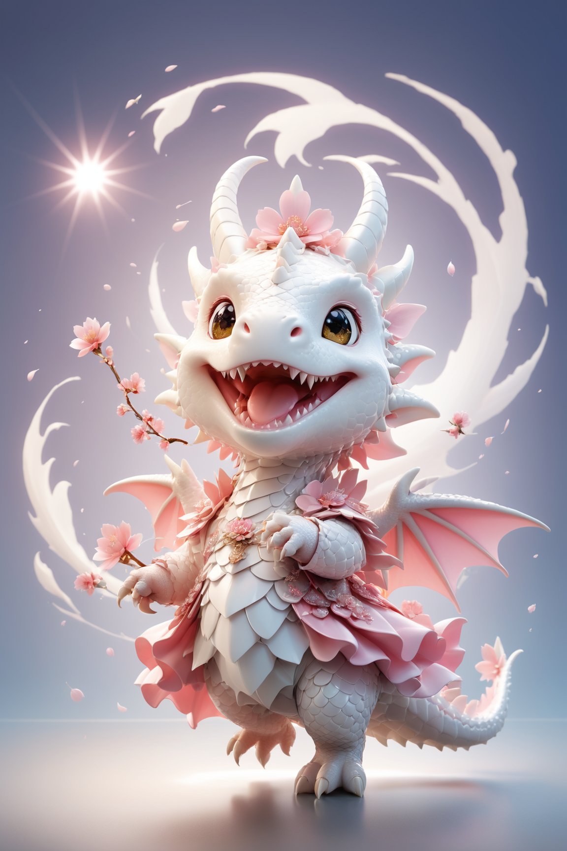  portrait of cute dragon,(dynamic  pose), high quality,(happy atmosphere) ,,smile, , (wind effect), cherry_blossom background,sun light,(full body image:1.5),,,cute dragon,