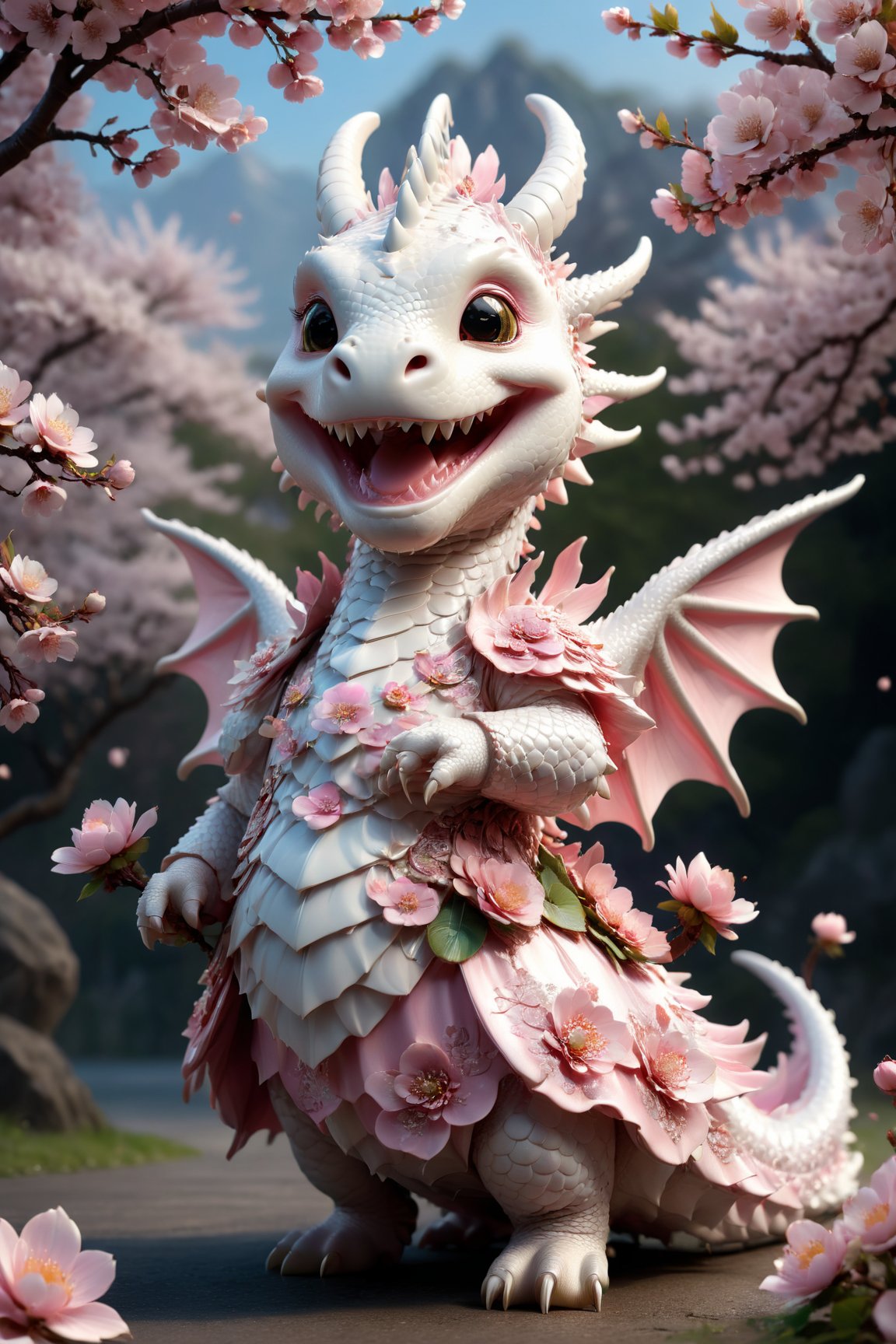  portrait of cute dragon,(dynamic  pose), high quality,(anime style) ,intricate details, highly detailed dress ,smile,highly detailed flower decorations, long tail , (wind effect), cherry_blossom background,sun light,(full body image:1.5),more detail XL,,cute dragon,sticker