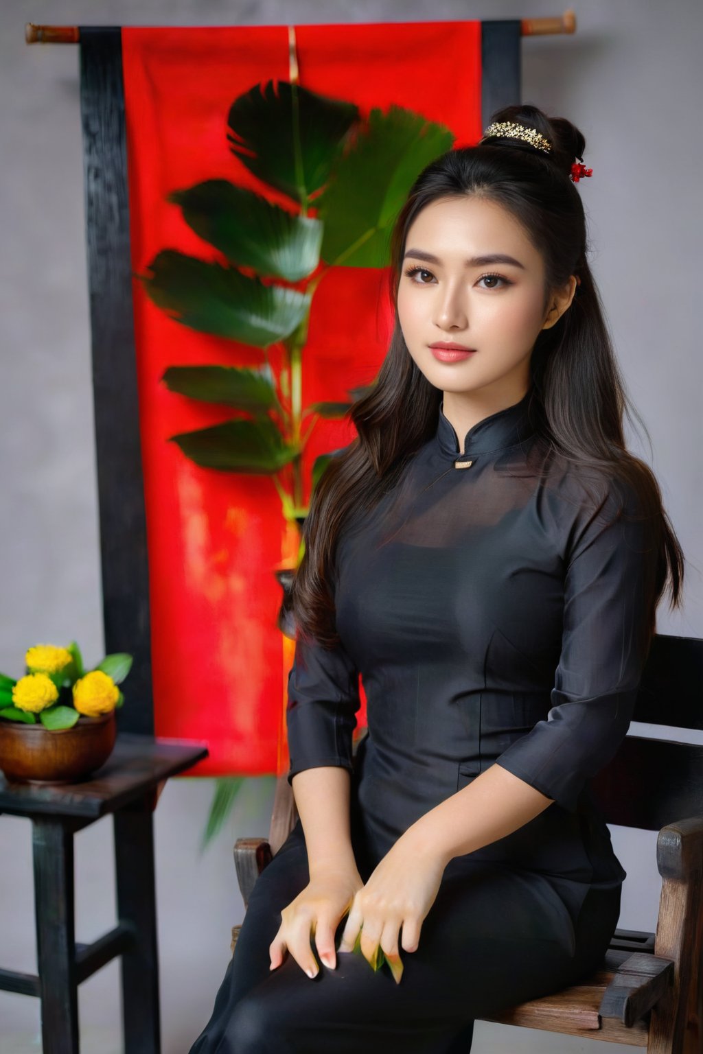 A portrait of a beautiful Vietnamese girl in a black ao dai is seated on a wooden chair with a grey background behind her. The studio light is positioned to the right of the girl, casting a soft light on her face and dress.,1girl,Vietnam,girl